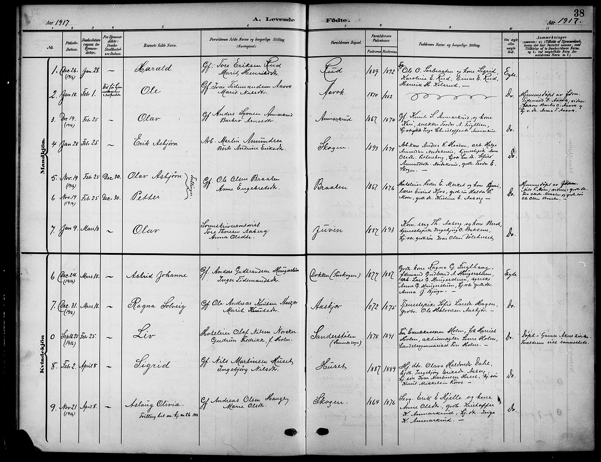 Nord-Aurdal prestekontor, AV/SAH-PREST-132/H/Ha/Hab/L0012: Parish register (copy) no. 12, 1907-1920, p. 38