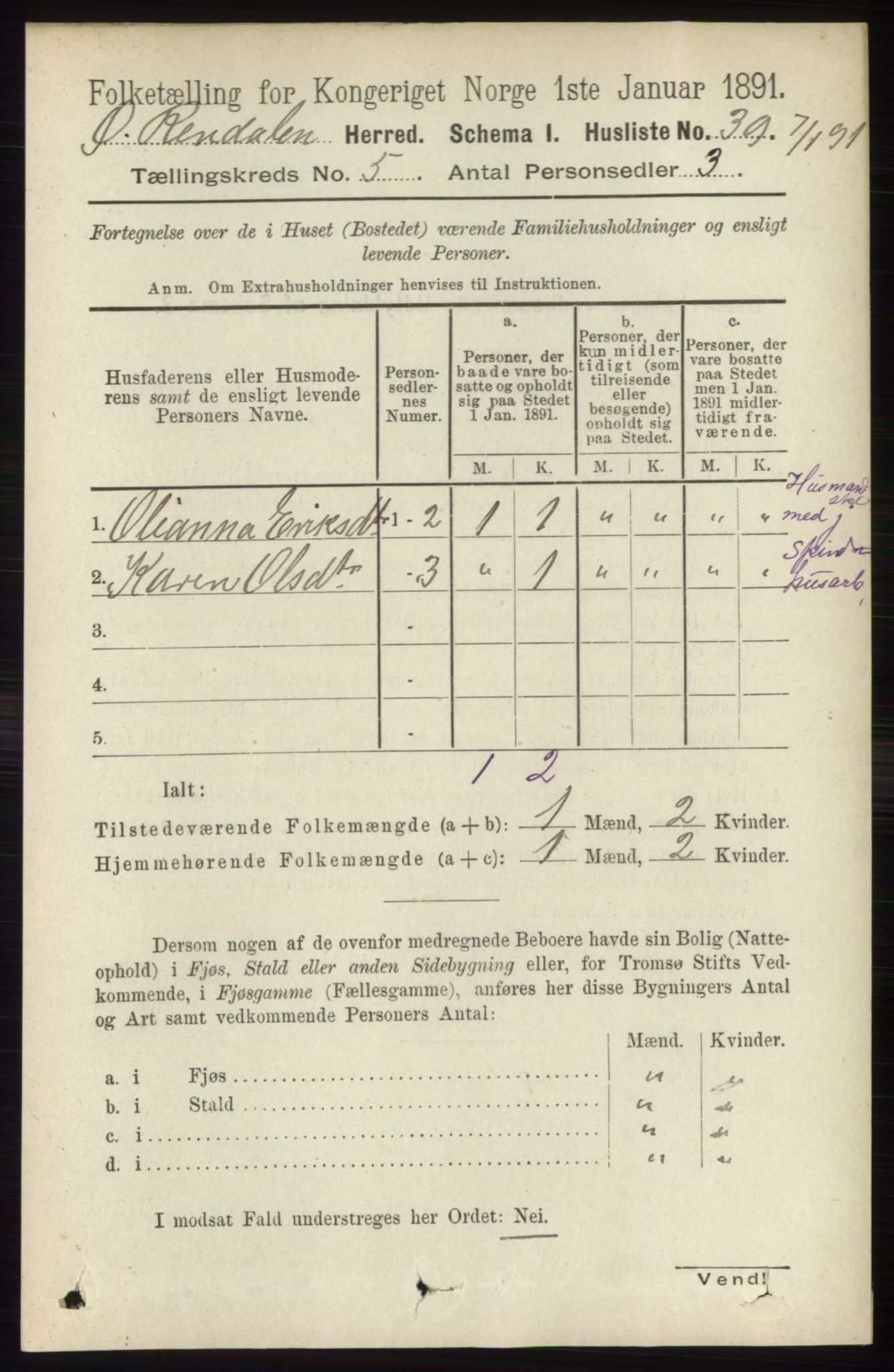 RA, 1891 census for 0433 Øvre Rendal, 1891, p. 1305