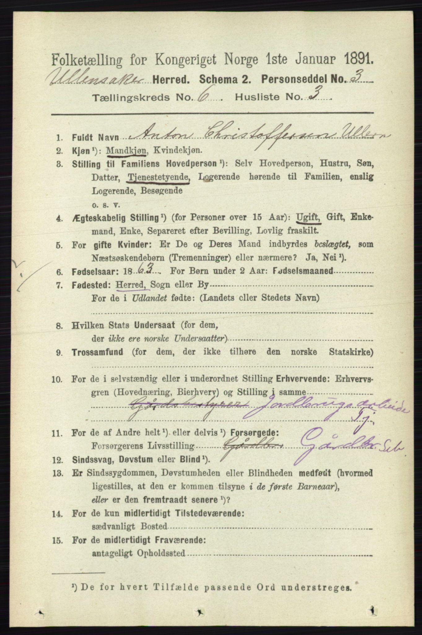 RA, 1891 census for 0235 Ullensaker, 1891, p. 2542