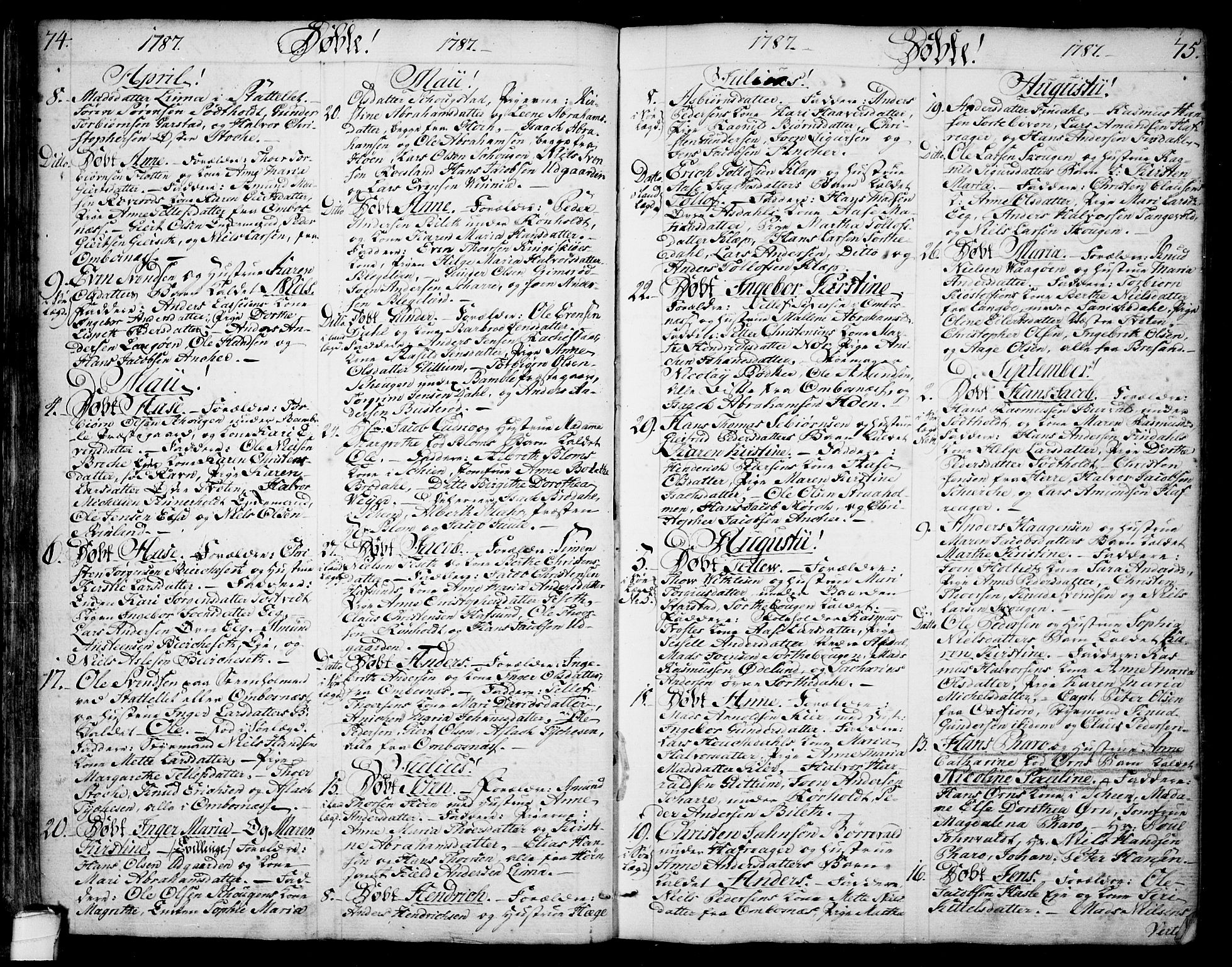 Bamble kirkebøker, SAKO/A-253/F/Fa/L0002: Parish register (official) no. I 2, 1775-1814, p. 74-75