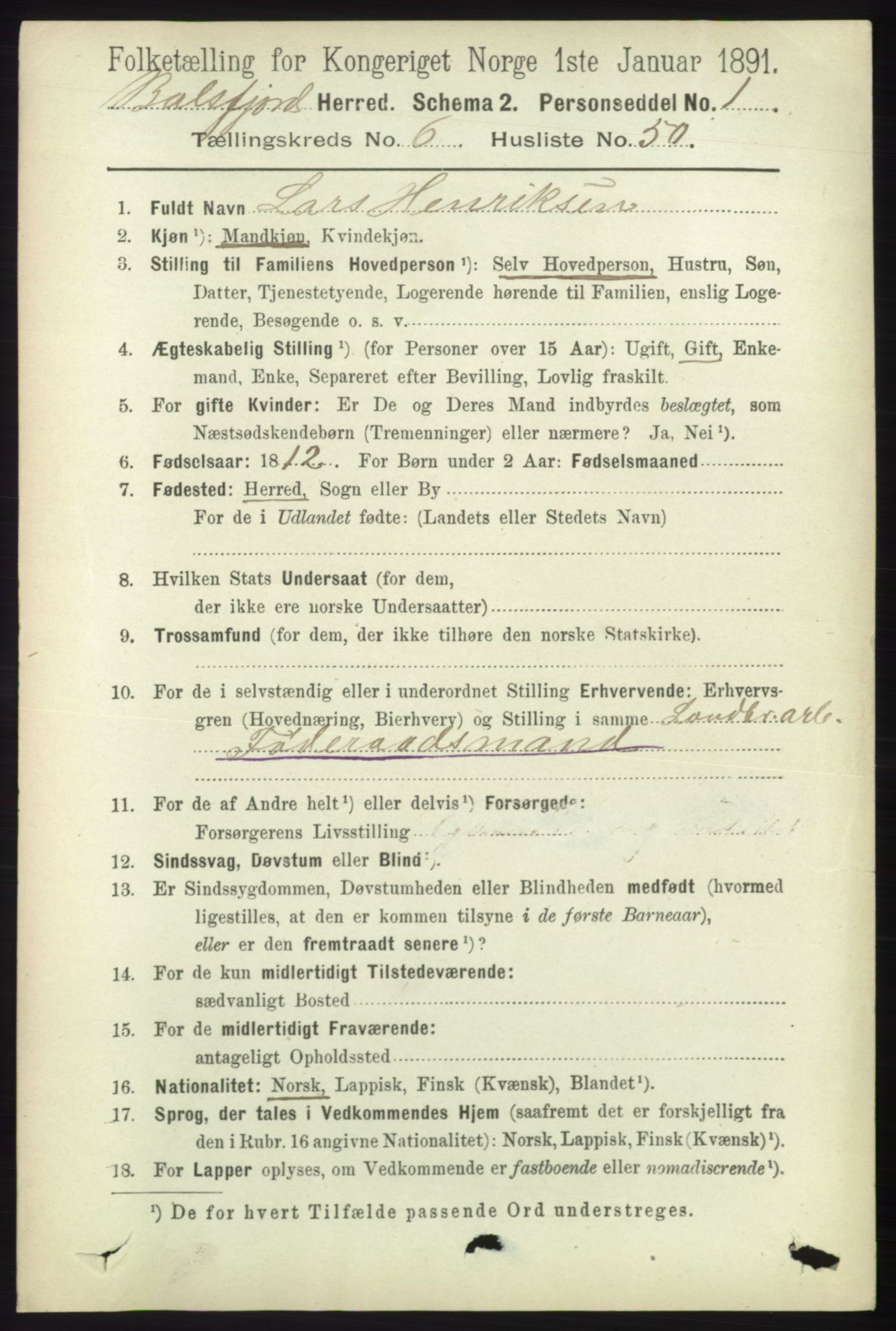 RA, 1891 census for 1933 Balsfjord, 1891, p. 1970