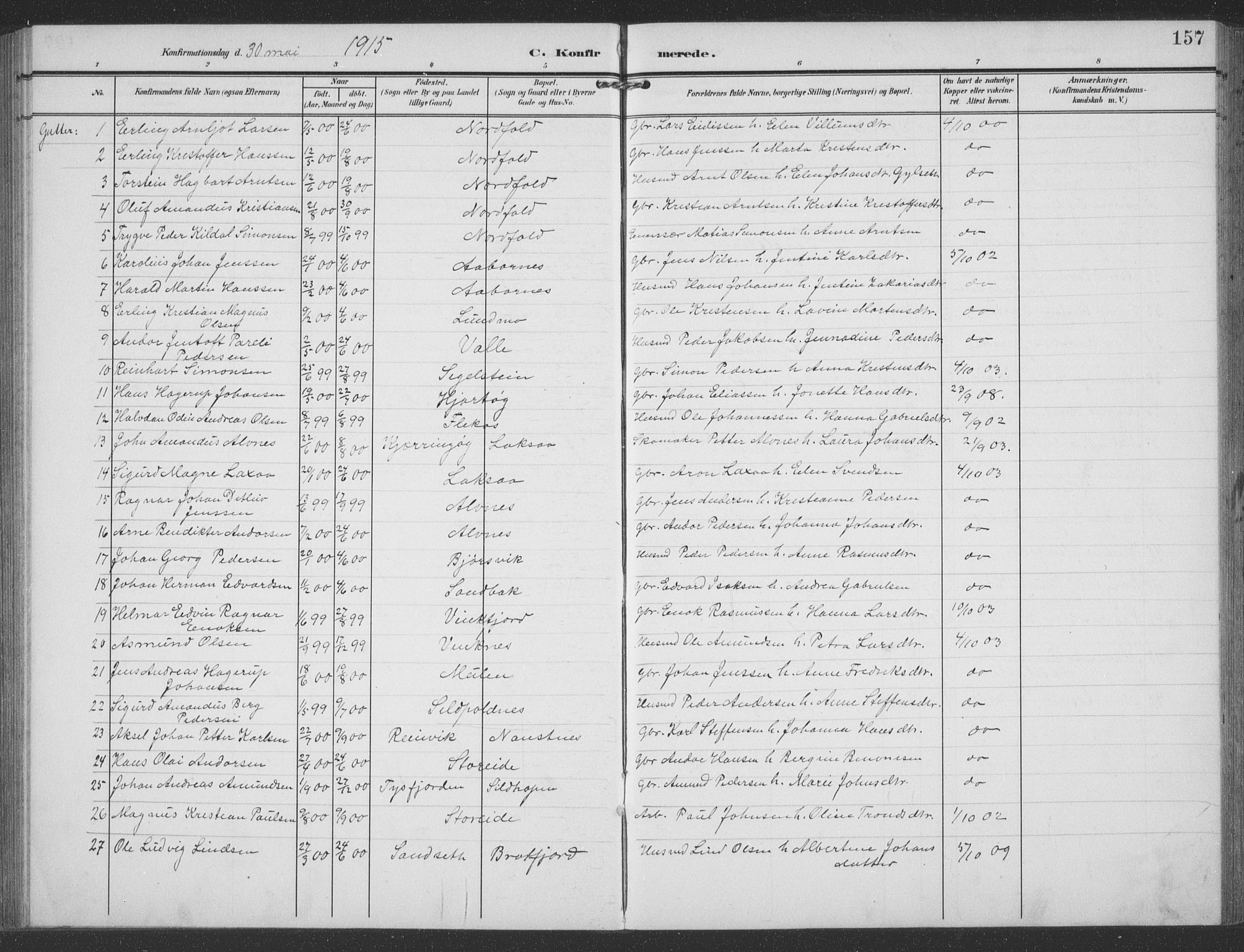 Ministerialprotokoller, klokkerbøker og fødselsregistre - Nordland, AV/SAT-A-1459/858/L0835: Parish register (copy) no. 858C02, 1904-1940, p. 157