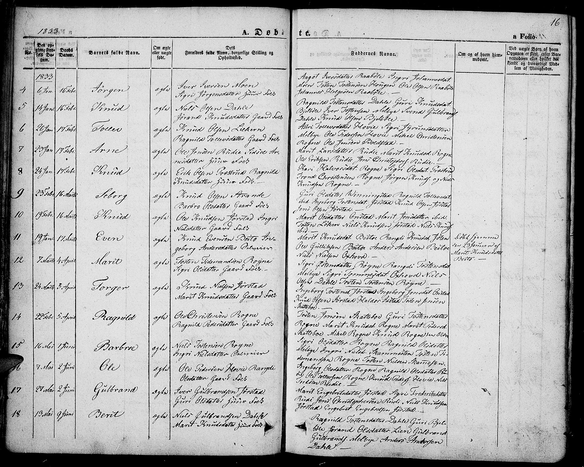 Slidre prestekontor, SAH/PREST-134/H/Ha/Haa/L0004: Parish register (official) no. 4, 1831-1848, p. 16
