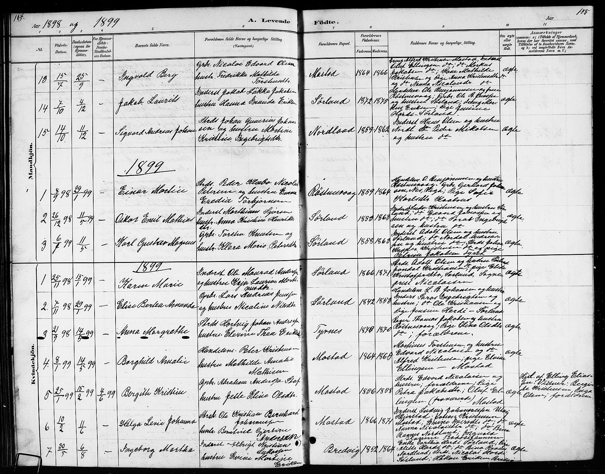 Ministerialprotokoller, klokkerbøker og fødselsregistre - Nordland, SAT/A-1459/807/L0123: Parish register (copy) no. 807C01, 1884-1910, p. 104-105