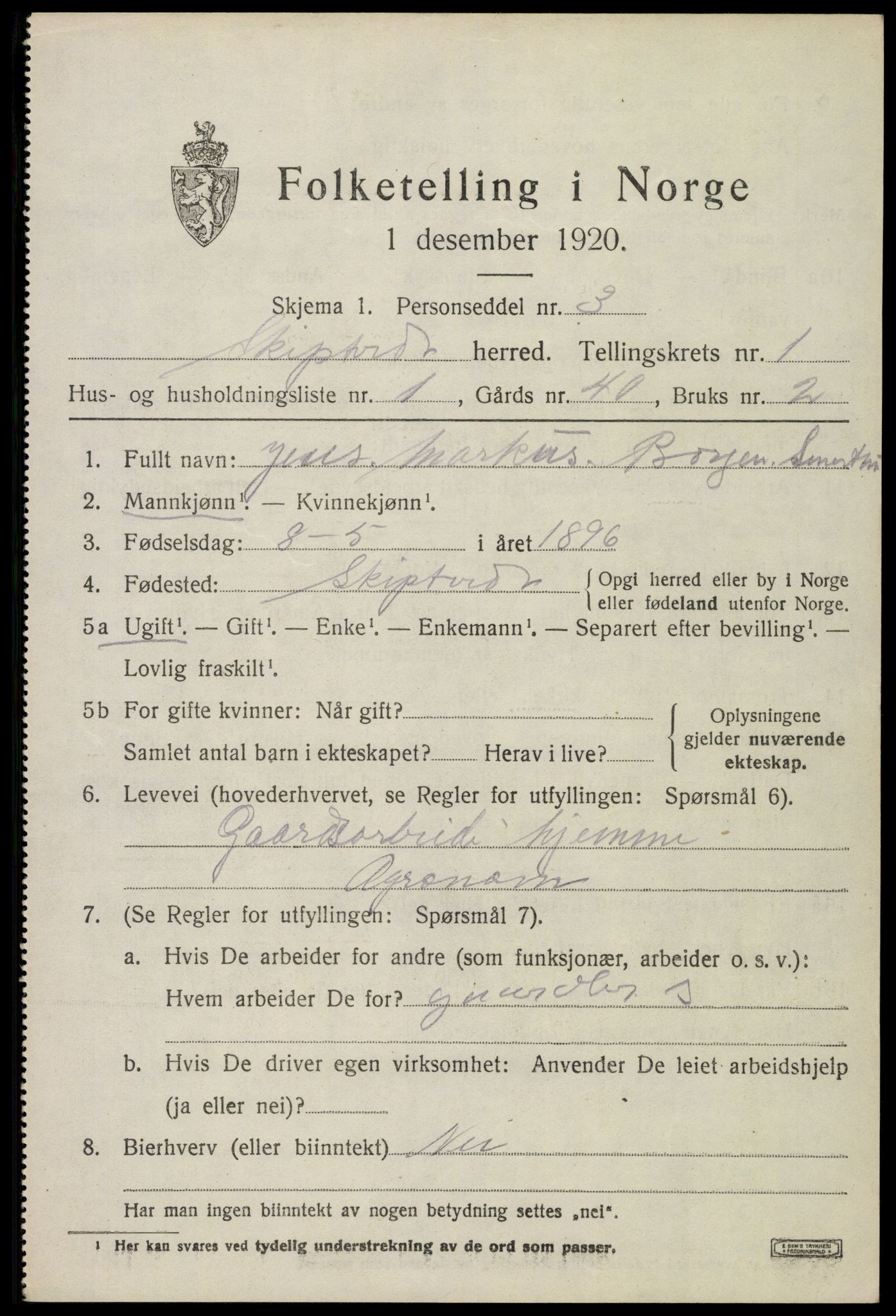 SAO, 1920 census for Skiptvet, 1920, p. 927