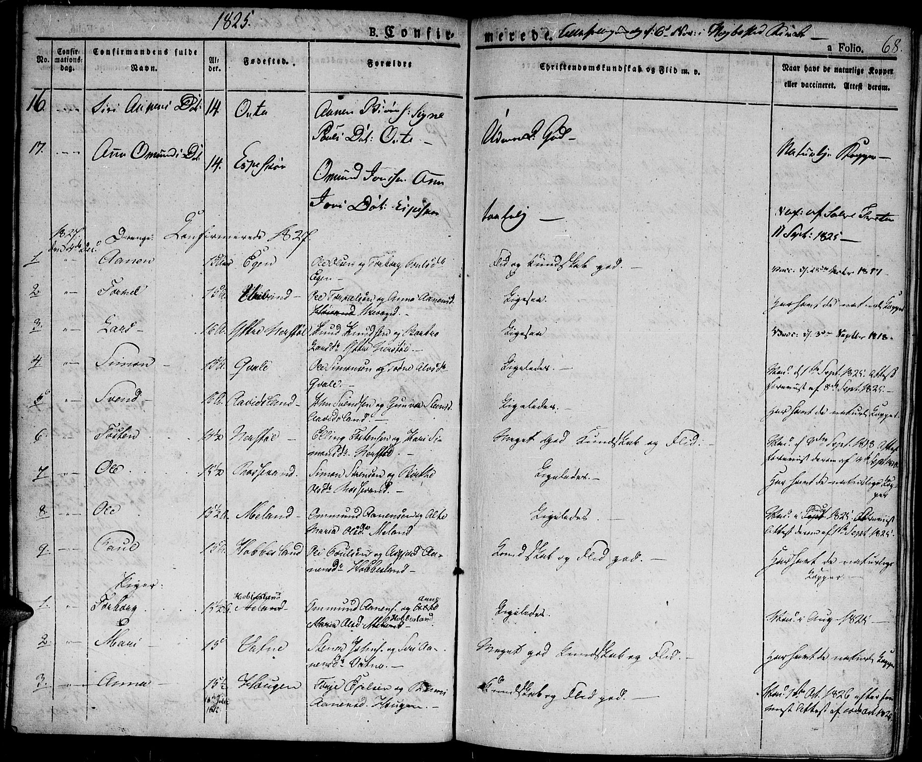 Hægebostad sokneprestkontor, AV/SAK-1111-0024/F/Fa/Fab/L0001: Parish register (official) no. A 1, 1823-1867, p. 68