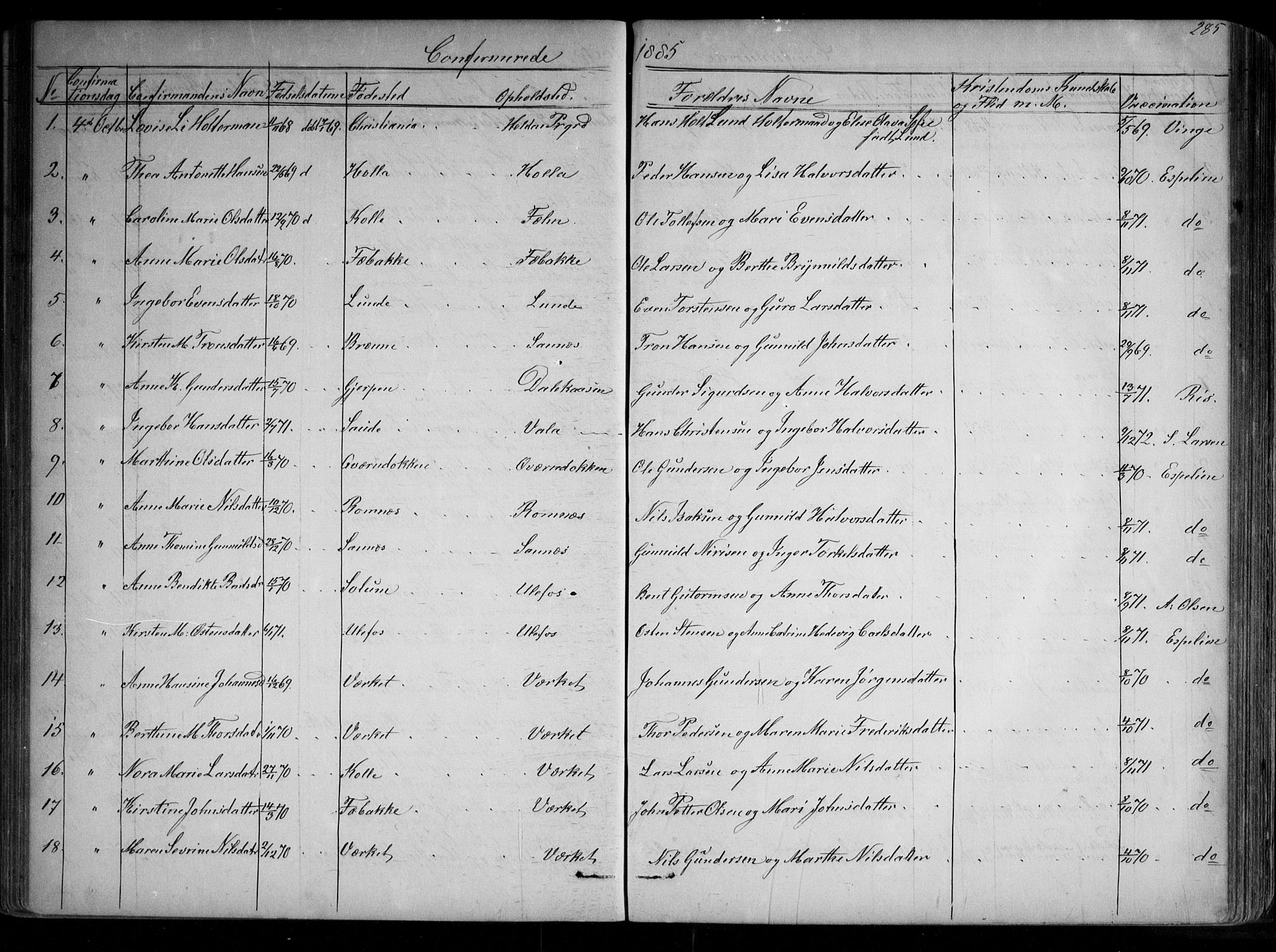 Holla kirkebøker, SAKO/A-272/G/Ga/L0004: Parish register (copy) no. I 4, 1867-1890, p. 285