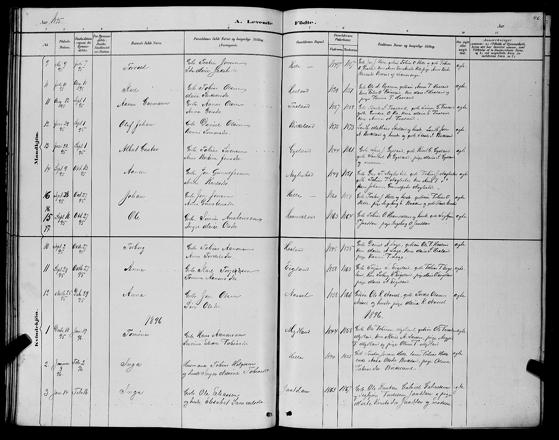Hægebostad sokneprestkontor, SAK/1111-0024/F/Fb/Fba/L0003: Parish register (copy) no. B 3, 1883-1896, p. 46