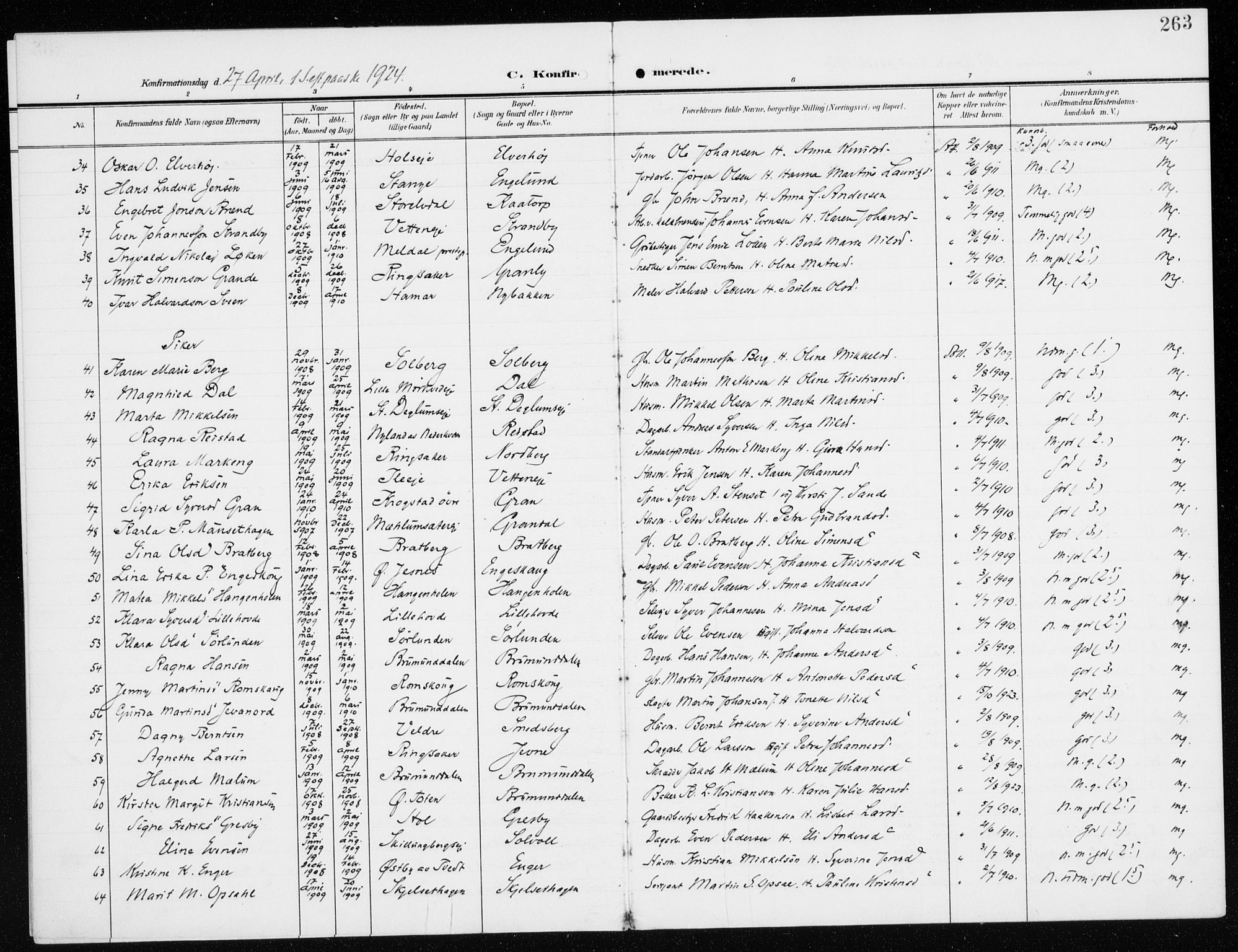 Furnes prestekontor, SAH/PREST-012/K/Ka/L0001: Parish register (official) no. 1, 1907-1935, p. 263