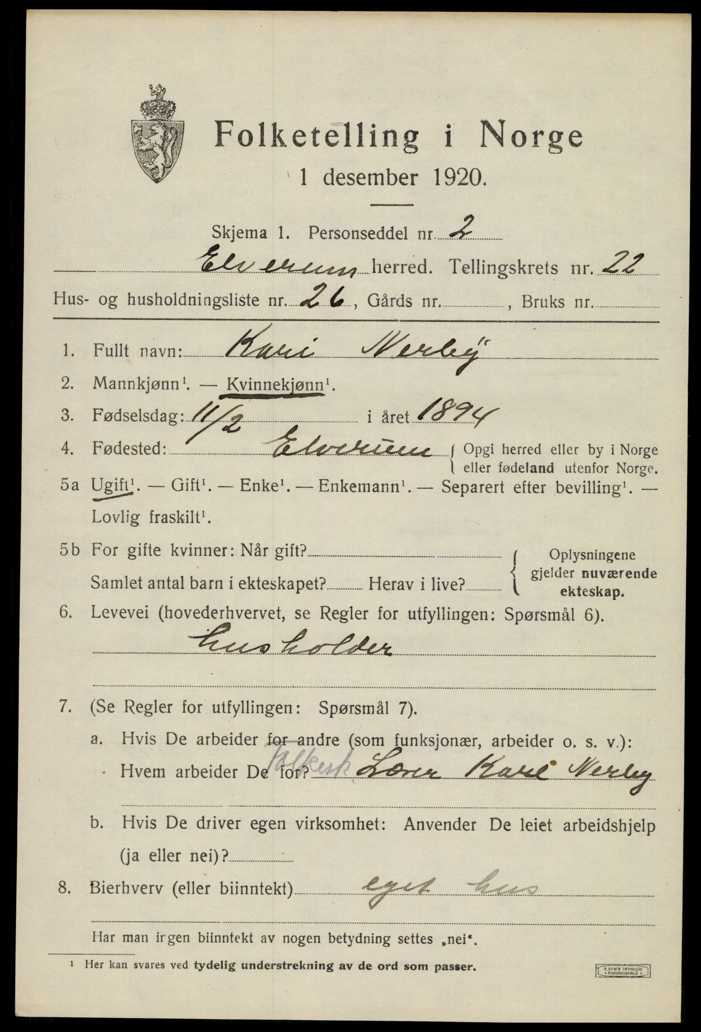 SAH, 1920 census for Elverum, 1920, p. 24926