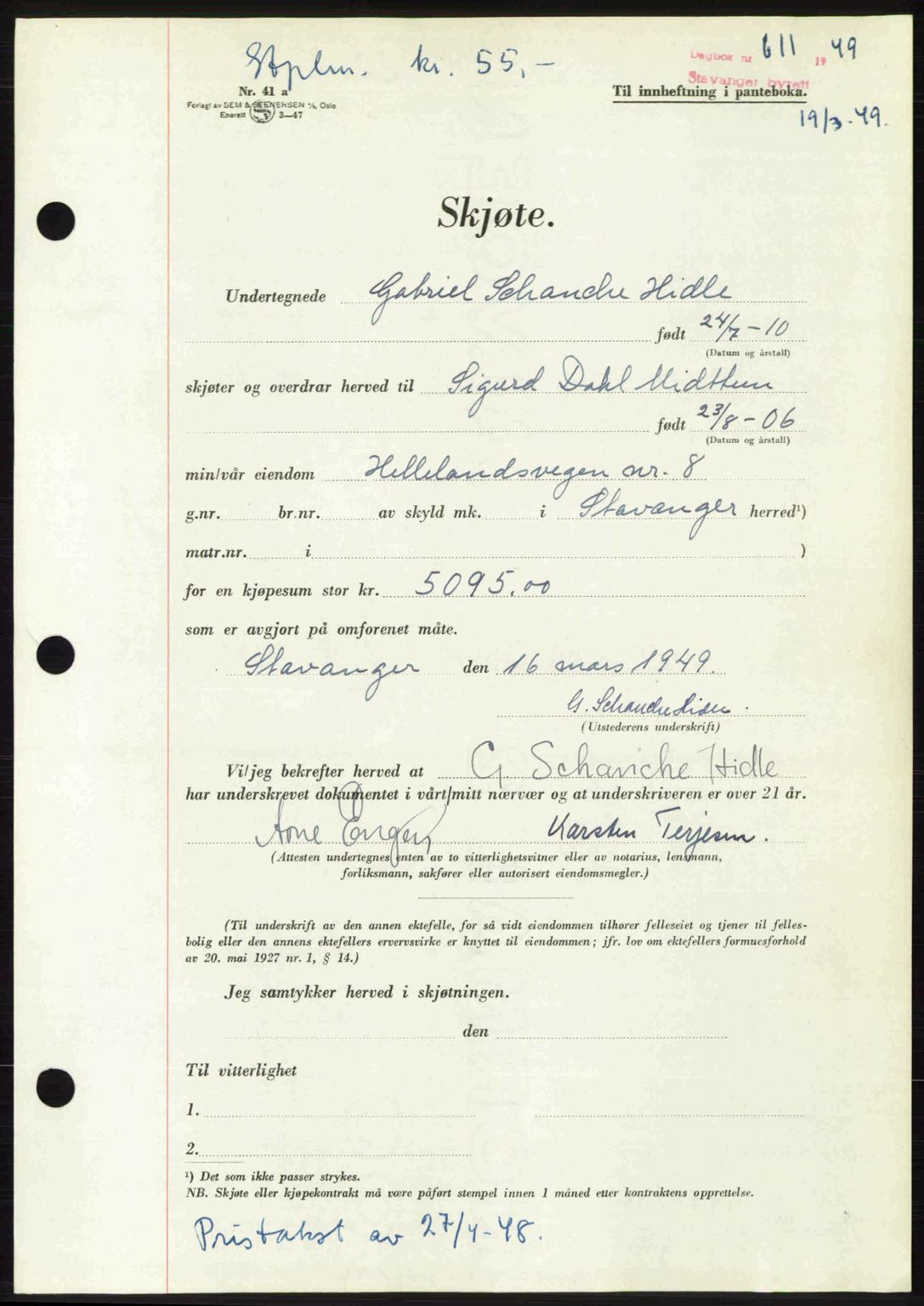 Stavanger byrett, SAST/A-100455/002/G/Gb/L0023: Mortgage book no. A12, 1948-1949, Diary no: : 611/1949