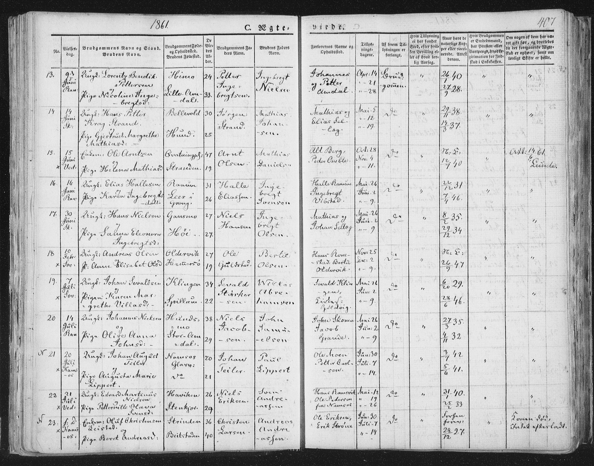 Ministerialprotokoller, klokkerbøker og fødselsregistre - Nord-Trøndelag, AV/SAT-A-1458/764/L0552: Parish register (official) no. 764A07b, 1824-1865, p. 407