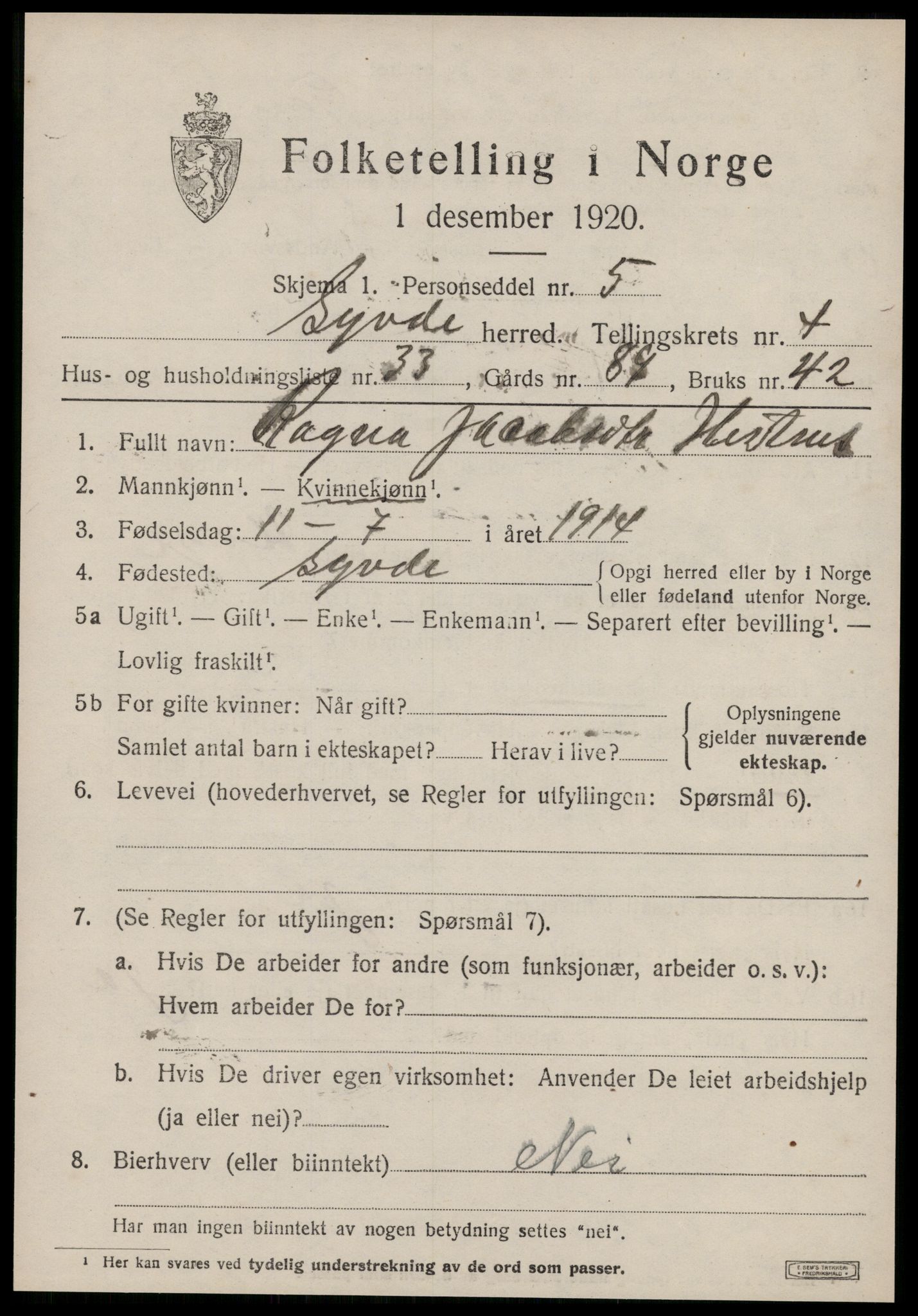 SAT, 1920 census for Syvde, 1920, p. 1848