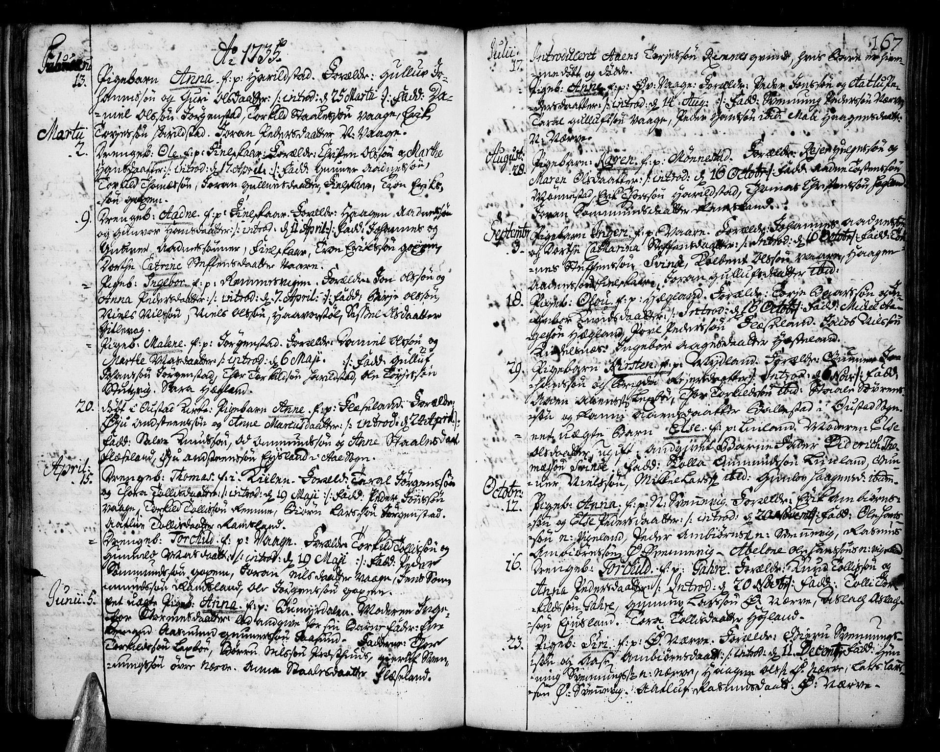 Sør-Audnedal sokneprestkontor, SAK/1111-0039/F/Fa/Fab/L0001: Parish register (official) no. A 1 /2, 1726-1769, p. 167