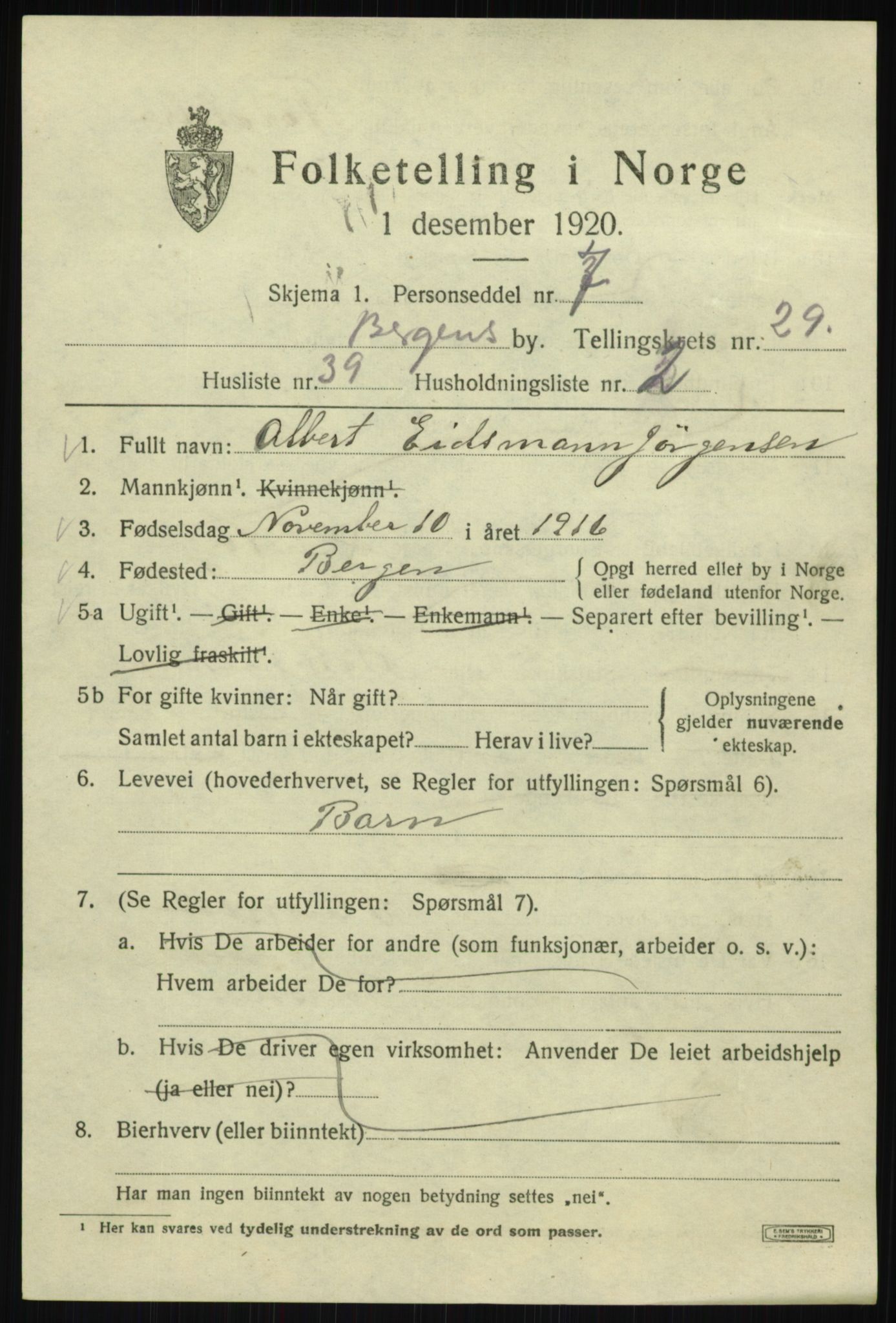 SAB, 1920 census for Bergen, 1920, p. 94723