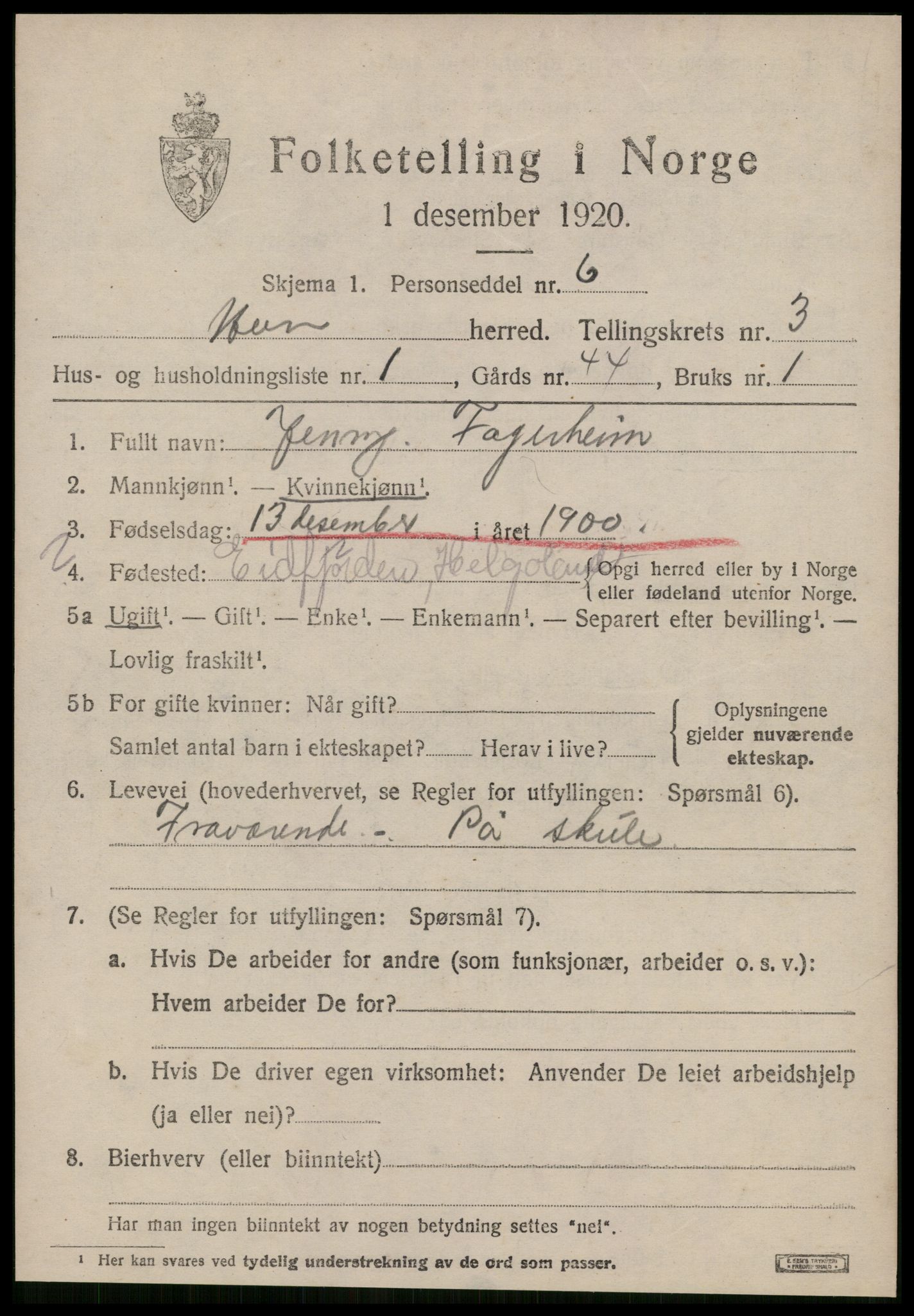 SAT, 1920 census for Hen, 1920, p. 1436