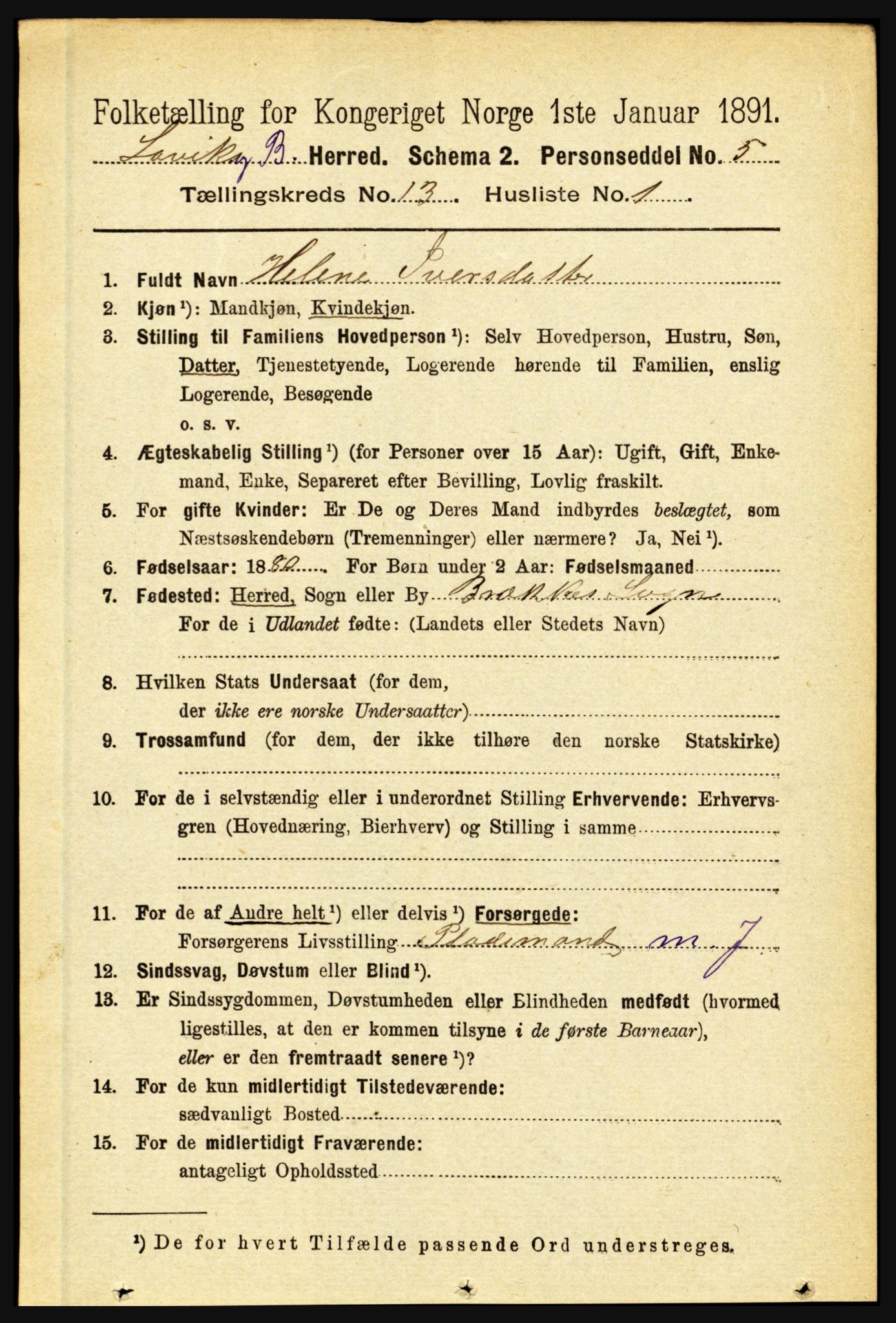 RA, 1891 census for 1415 Lavik og Brekke, 1891, p. 2523