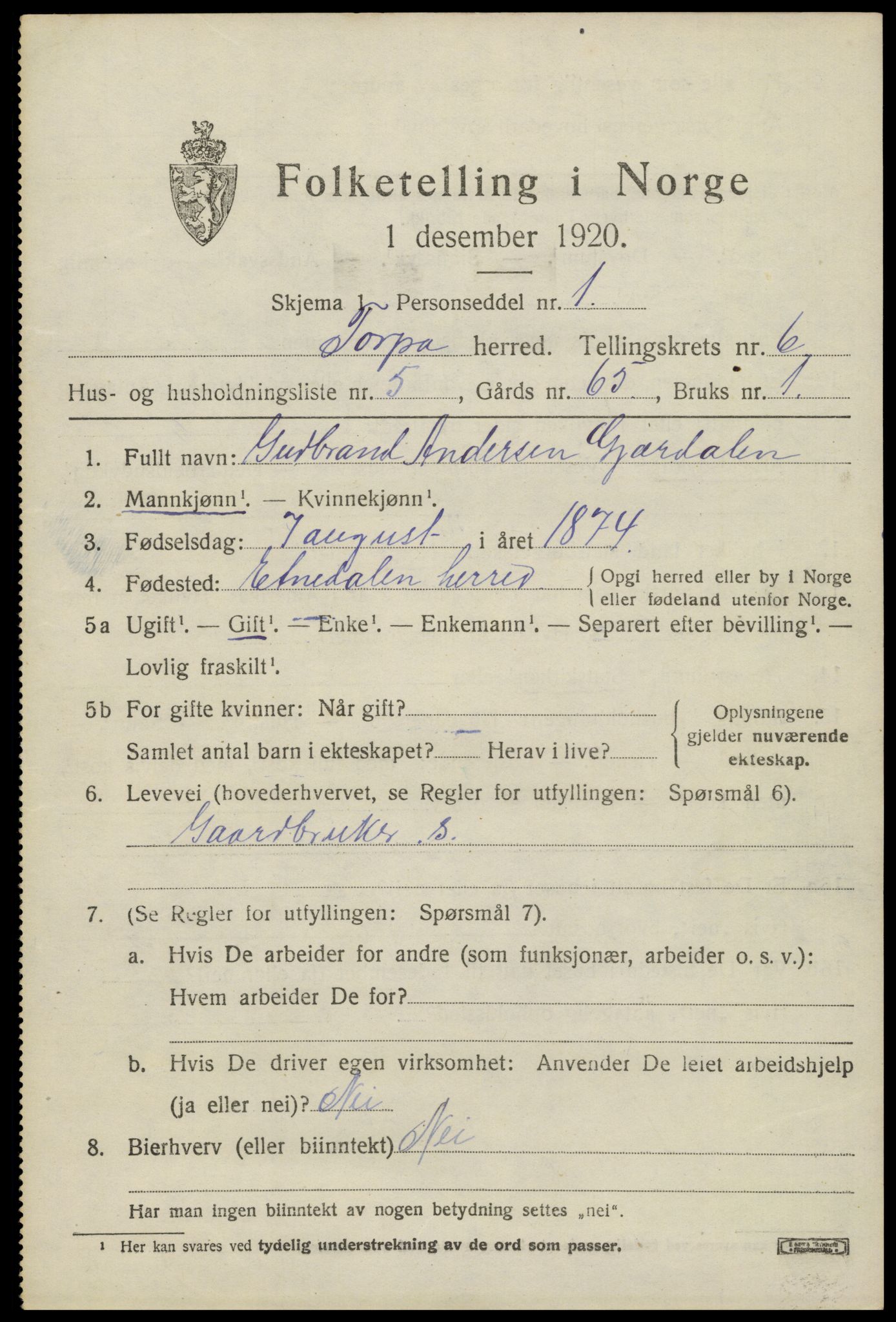 SAH, 1920 census for Torpa, 1920, p. 4021