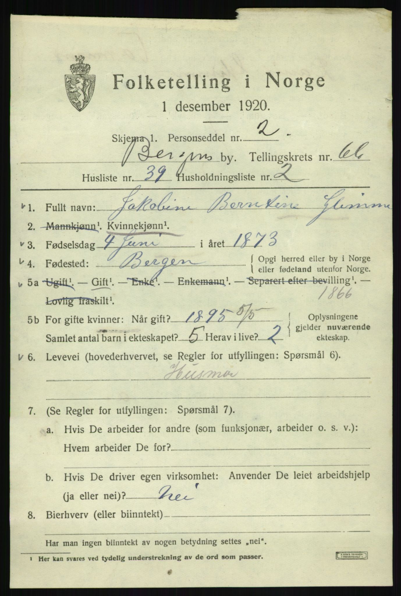 SAB, 1920 census for Bergen, 1920, p. 135143