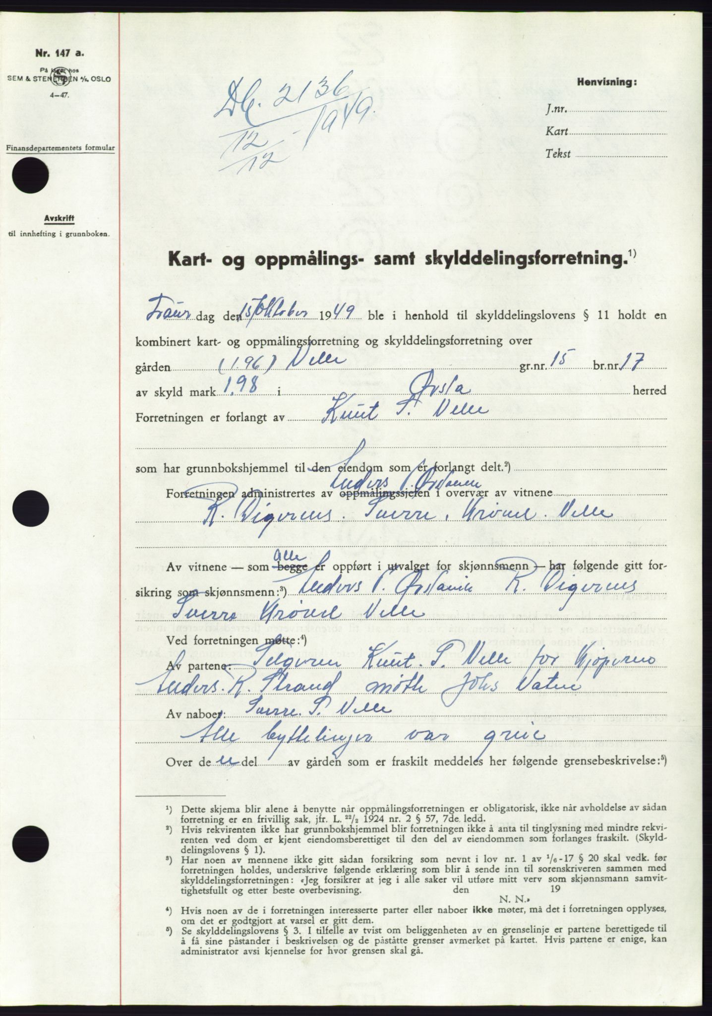 Søre Sunnmøre sorenskriveri, AV/SAT-A-4122/1/2/2C/L0085: Mortgage book no. 11A, 1949-1949, Diary no: : 2136/1949