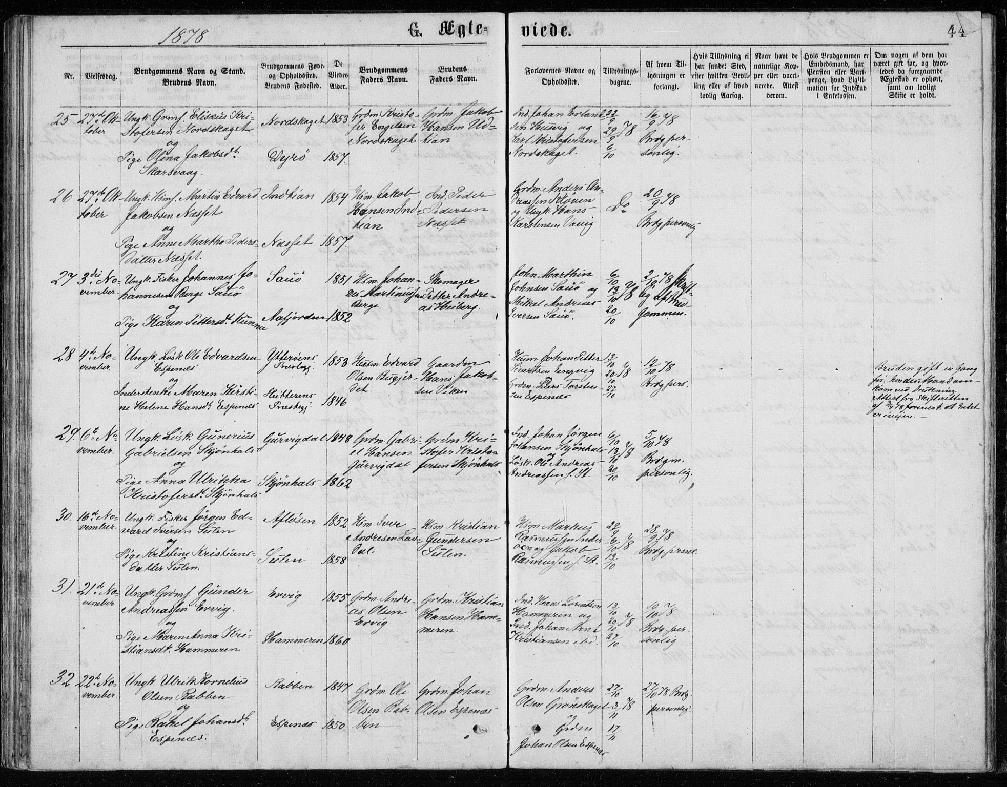 Ministerialprotokoller, klokkerbøker og fødselsregistre - Sør-Trøndelag, AV/SAT-A-1456/640/L0577: Parish register (official) no. 640A02, 1877-1878, p. 44