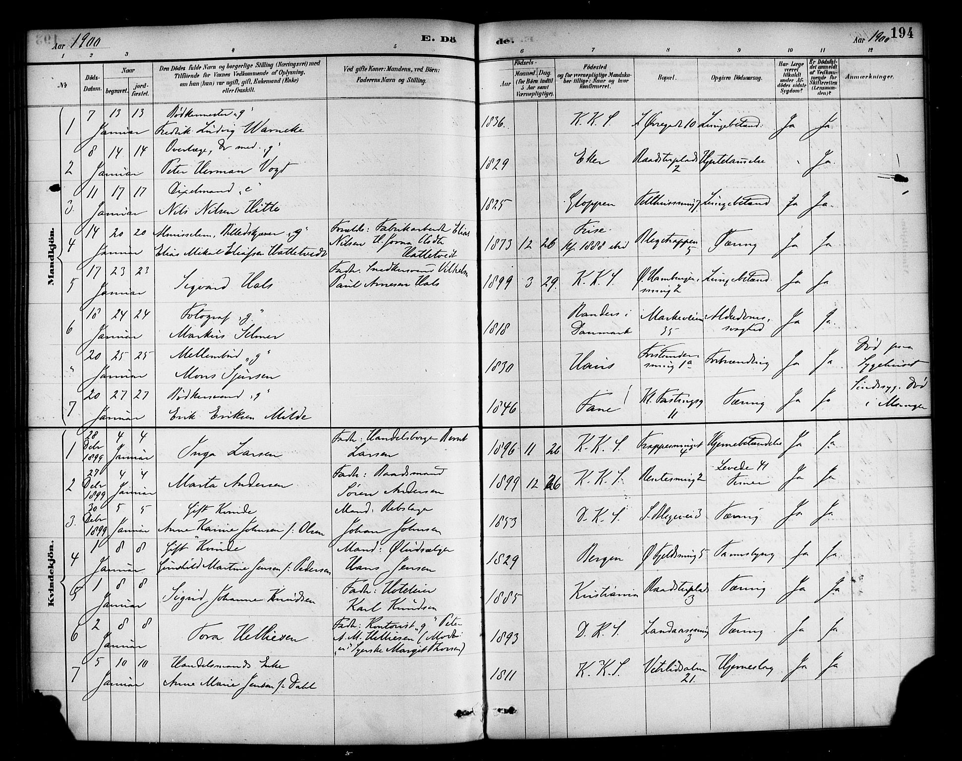 Korskirken sokneprestembete, SAB/A-76101/H/Haa/L0047: Parish register (official) no. E 5, 1884-1910, p. 194