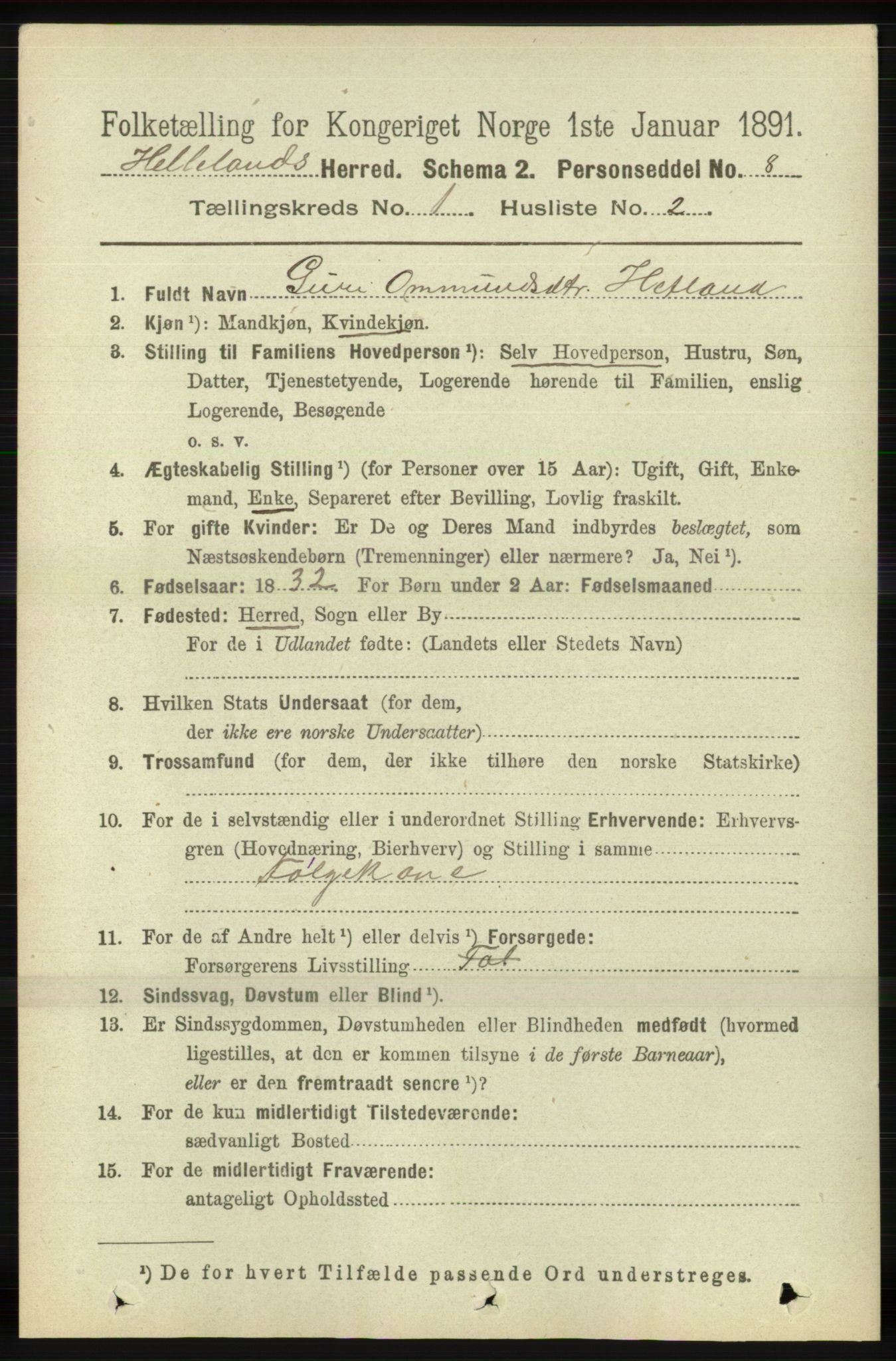 RA, 1891 census for 1115 Helleland, 1891, p. 85