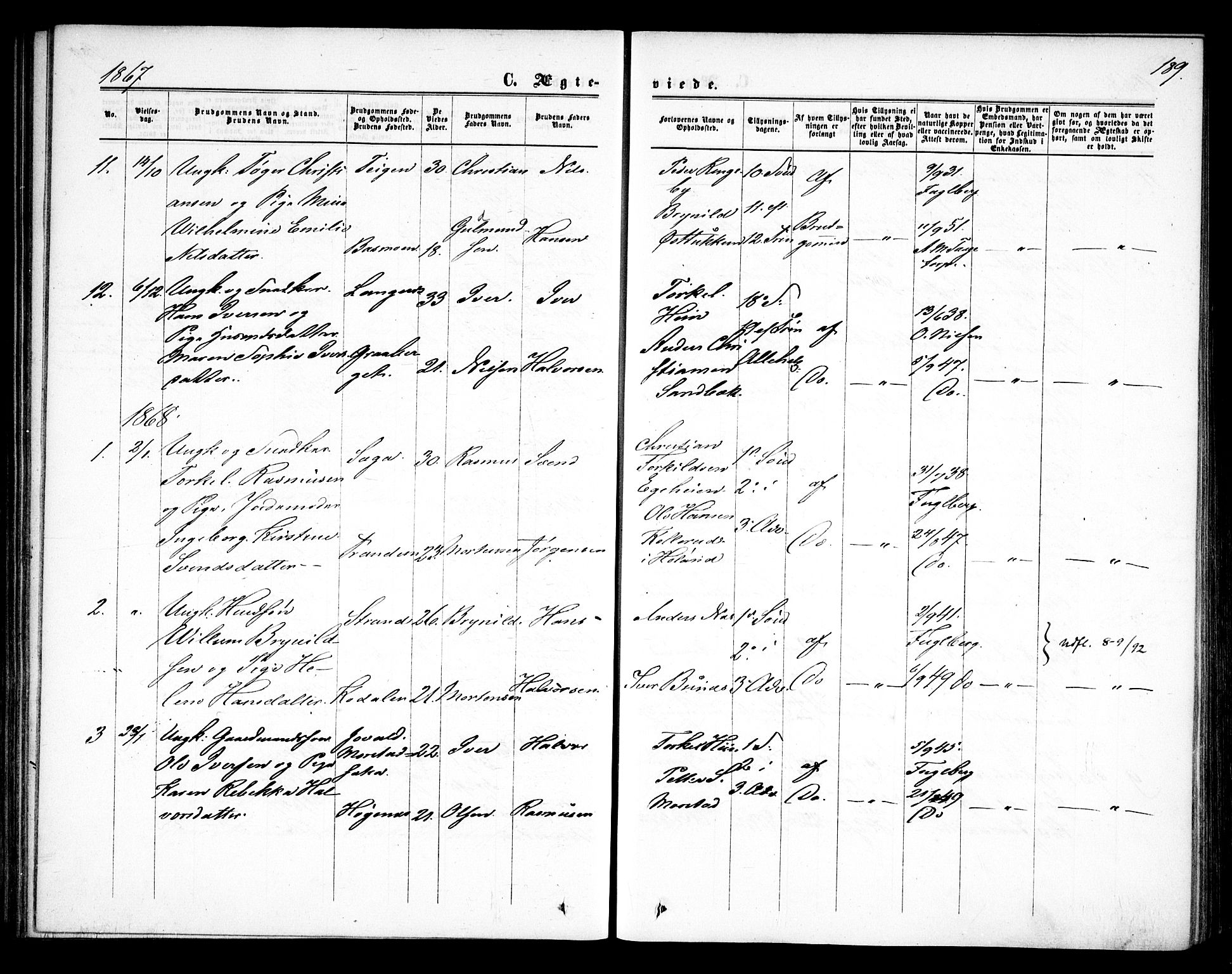 Rødenes prestekontor Kirkebøker, AV/SAO-A-2005/F/Fa/L0007: Parish register (official) no. I 7, 1860-1869, p. 189