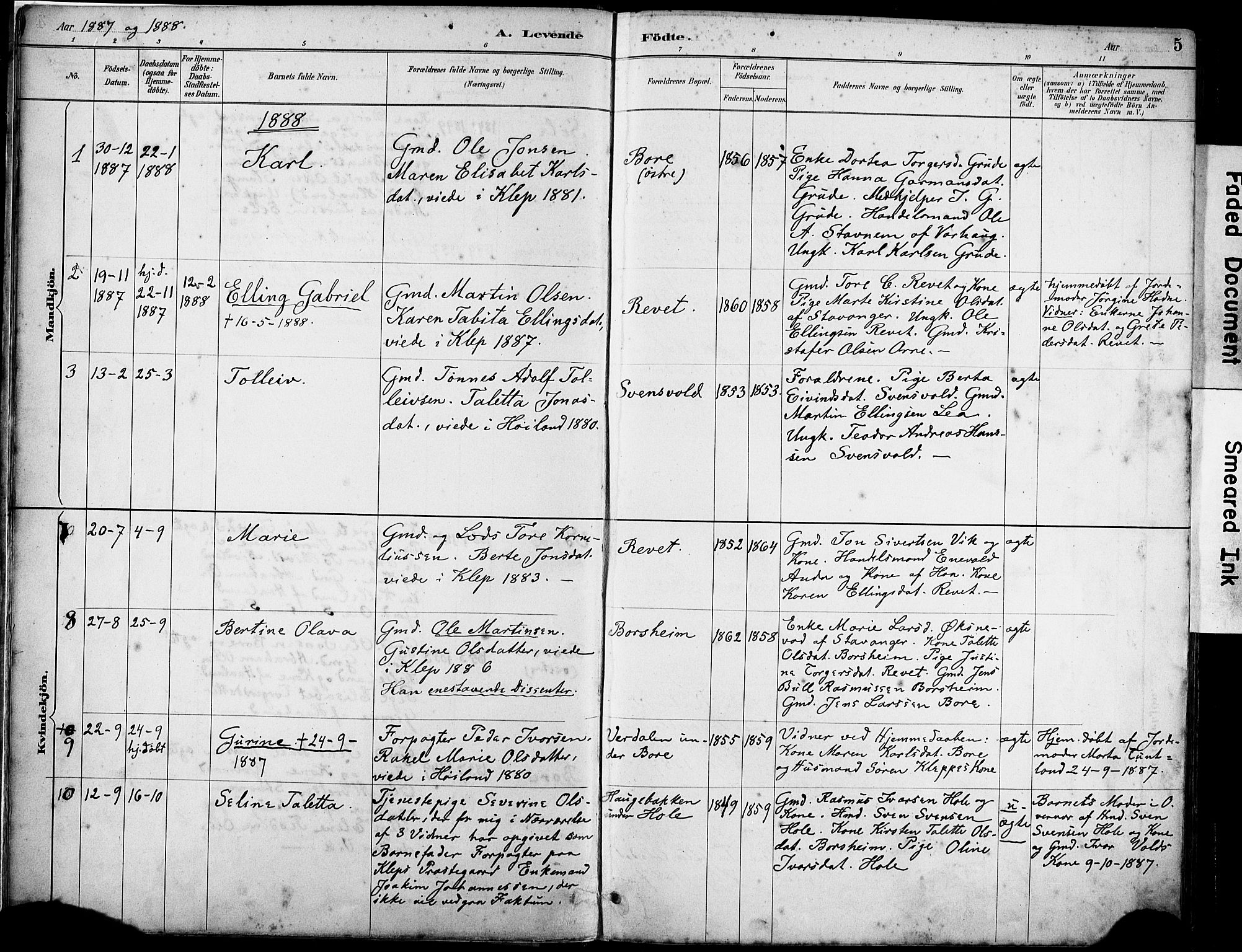 Klepp sokneprestkontor, SAST/A-101803/001/3/30BA/L0008: Parish register (official) no. A 9, 1886-1919, p. 5