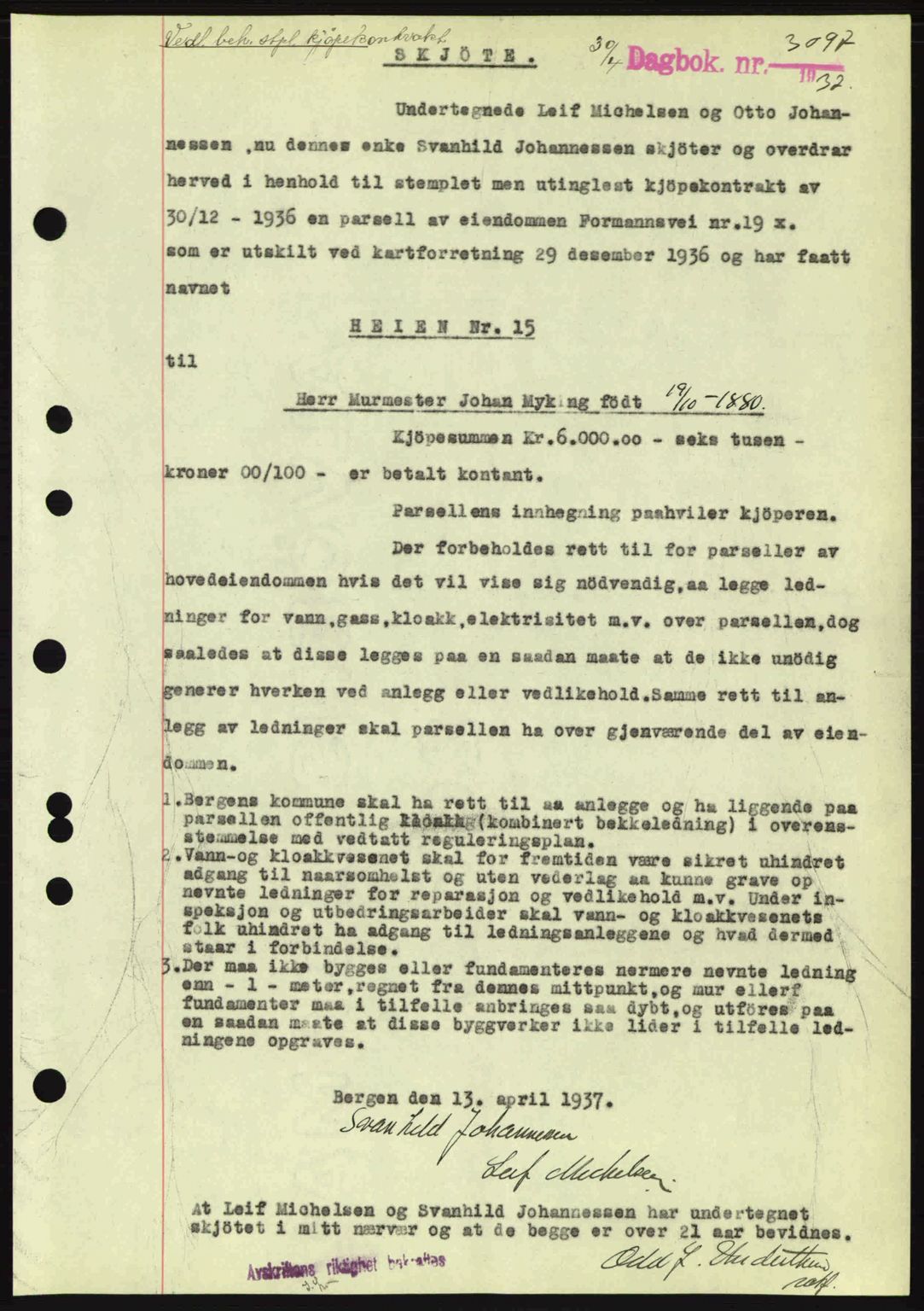 Byfogd og Byskriver i Bergen, SAB/A-3401/03/03Bc/L0004: Mortgage book no. A3-4, 1936-1937, Diary no: : 3097/1937