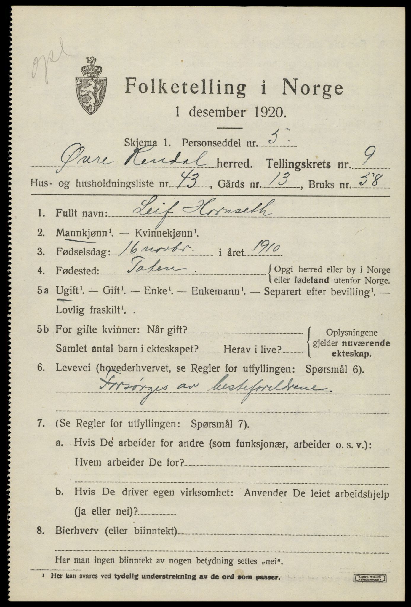 SAH, 1920 census for Øvre Rendal, 1920, p. 3799