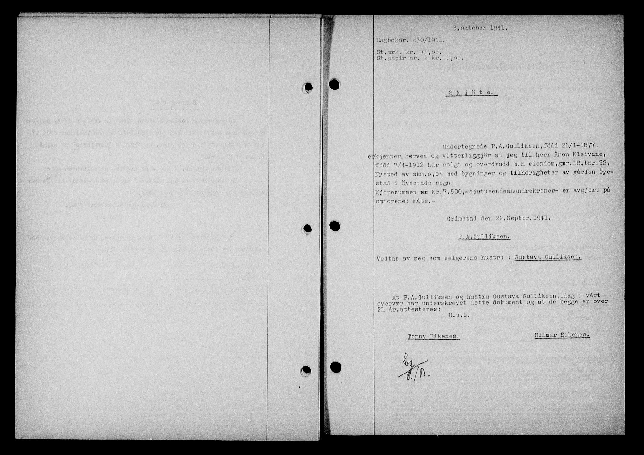 Nedenes sorenskriveri, SAK/1221-0006/G/Gb/Gba/L0048: Mortgage book no. A-II, 1940-1941, Diary no: : 830/1941