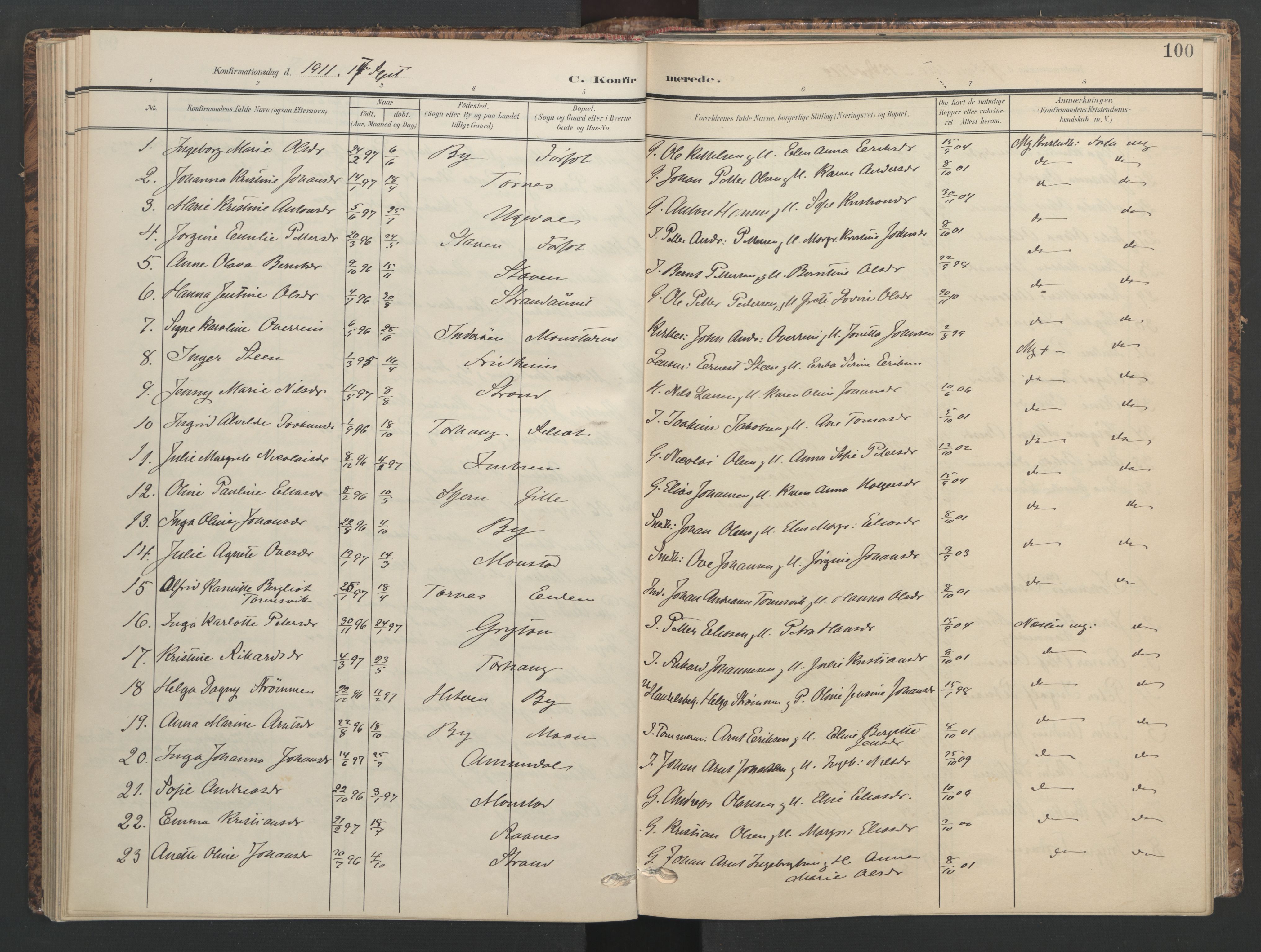 Ministerialprotokoller, klokkerbøker og fødselsregistre - Sør-Trøndelag, SAT/A-1456/655/L0682: Parish register (official) no. 655A11, 1908-1922, p. 100
