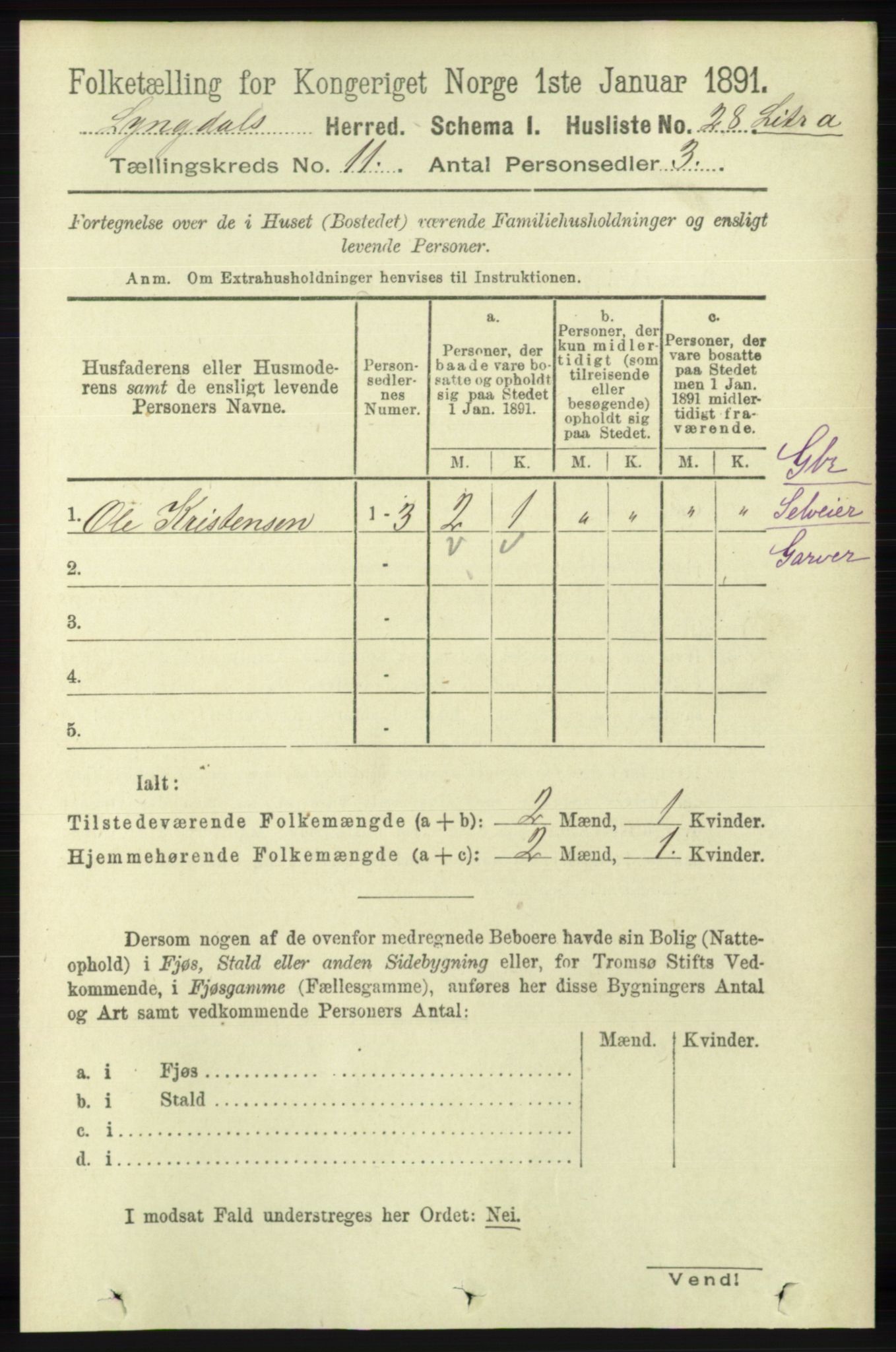 RA, 1891 census for 1032 Lyngdal, 1891, p. 4760