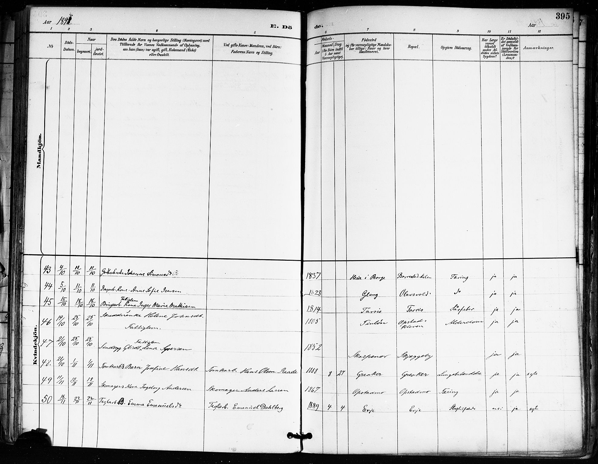 Tune prestekontor Kirkebøker, AV/SAO-A-2007/F/Fa/L0018: Parish register (official) no. 18, 1887-1898, p. 395
