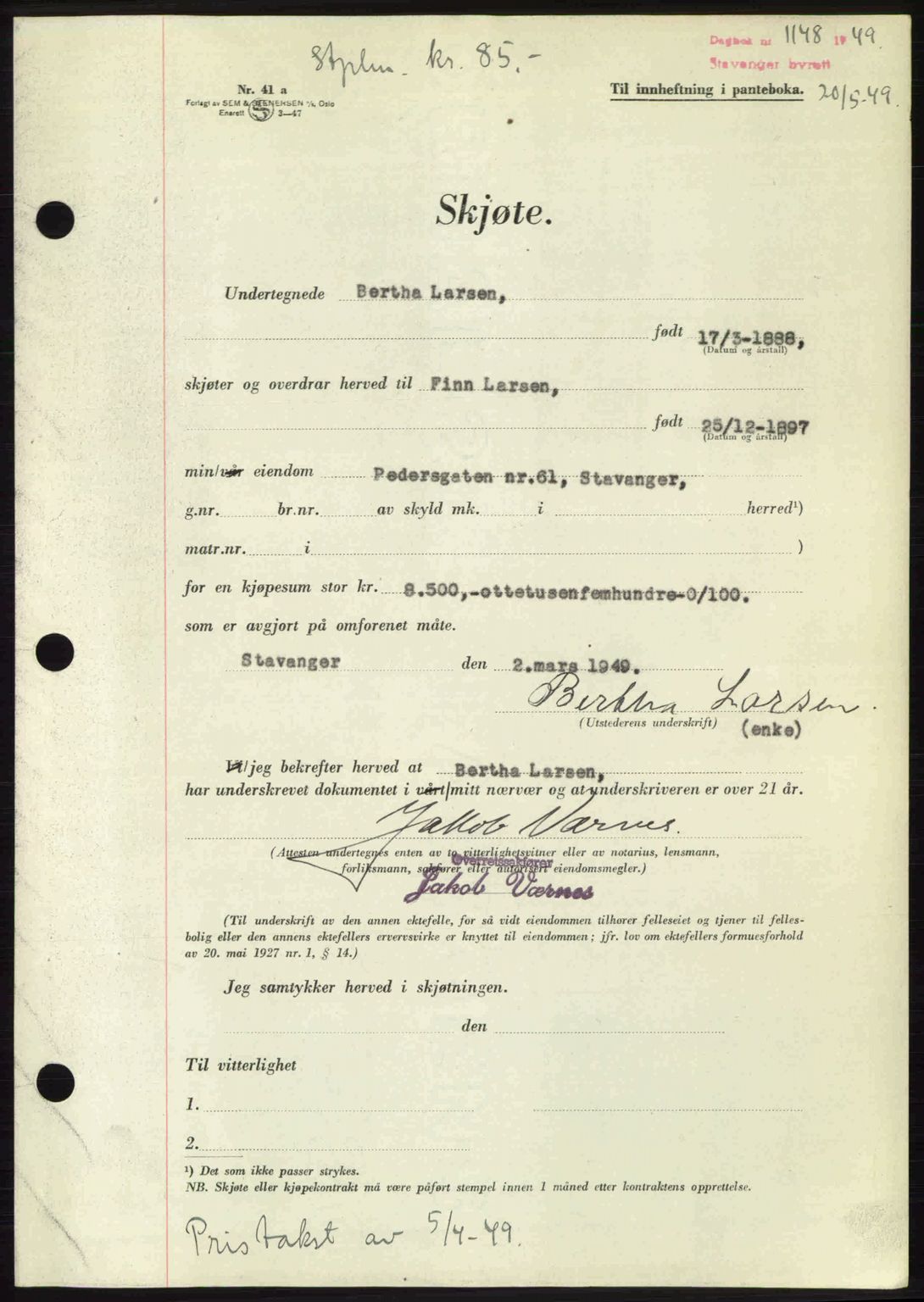 Stavanger byrett, SAST/A-100455/002/G/Gb/L0023: Mortgage book no. A12, 1948-1949, Diary no: : 1148/1949