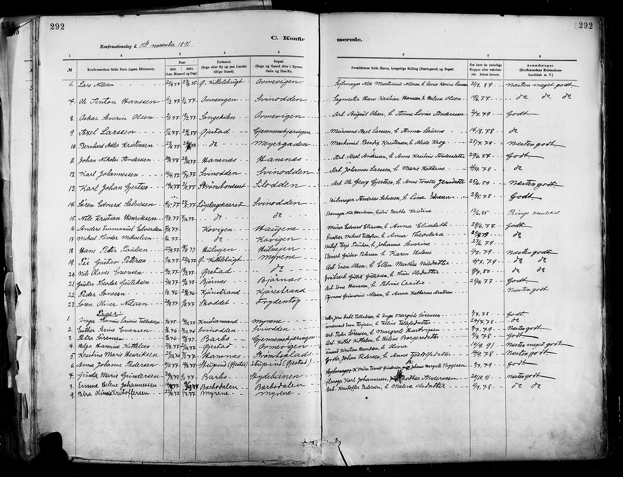 Barbu sokneprestkontor, SAK/1111-0003/F/Fa/L0002: Parish register (official) no. A 2, 1883-1898, p. 292