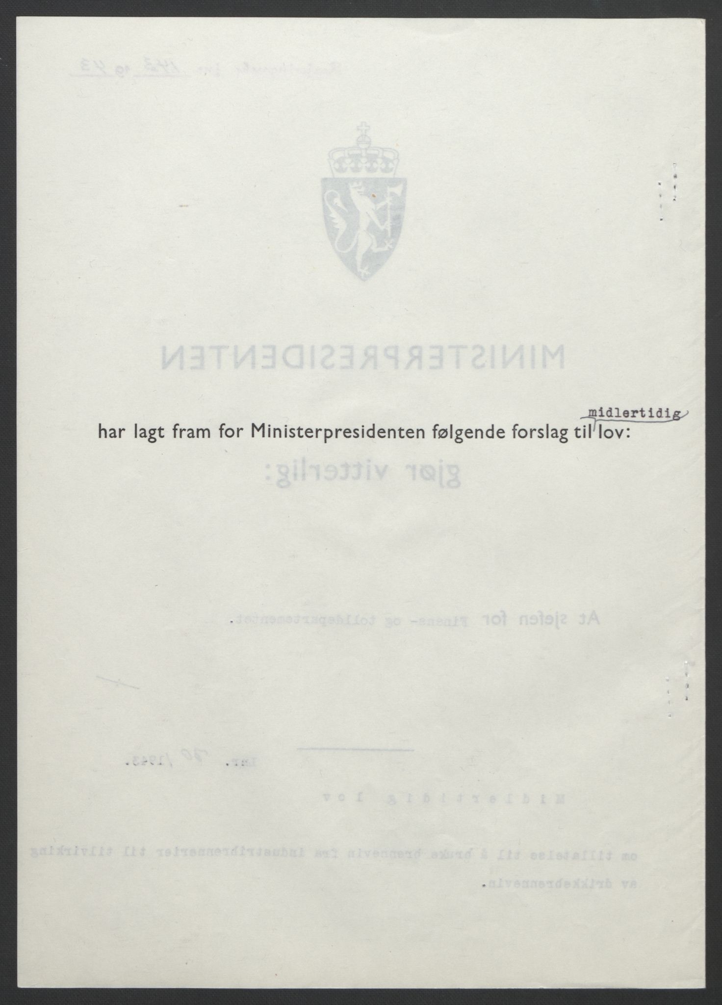 NS-administrasjonen 1940-1945 (Statsrådsekretariatet, de kommisariske statsråder mm), RA/S-4279/D/Db/L0099: Lover, 1943, p. 321
