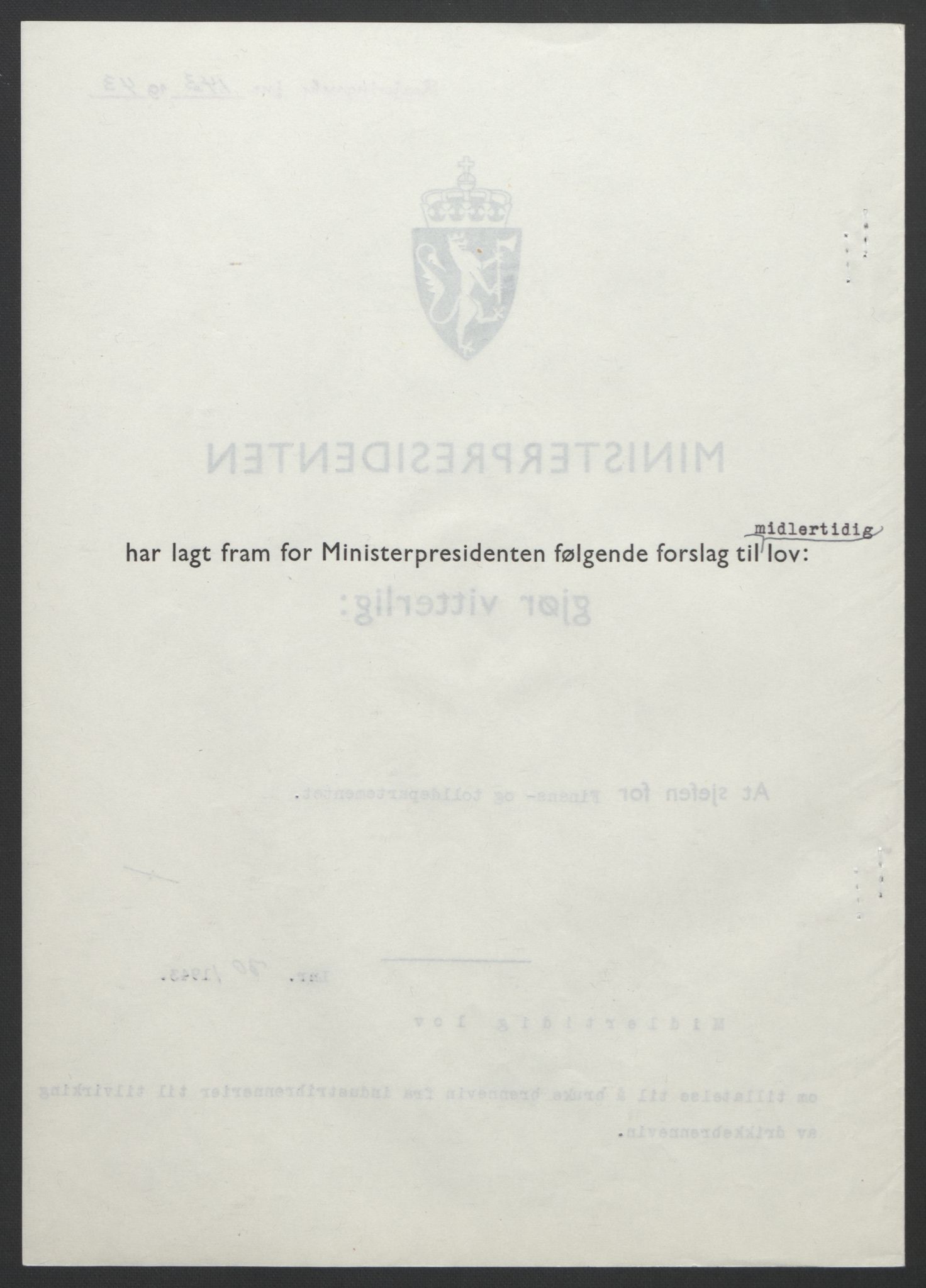 NS-administrasjonen 1940-1945 (Statsrådsekretariatet, de kommisariske statsråder mm), AV/RA-S-4279/D/Db/L0099: Lover, 1943, p. 321