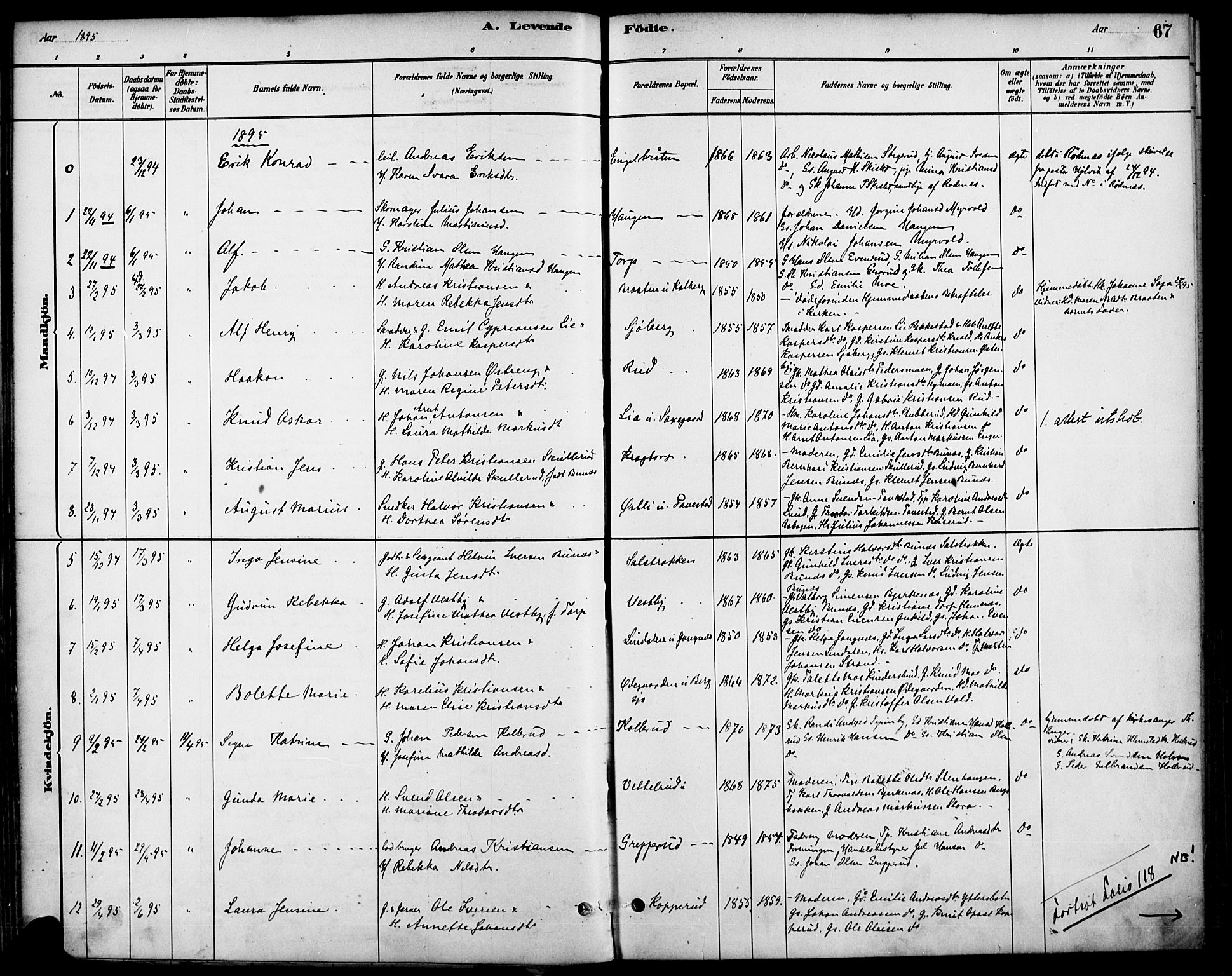 Høland prestekontor Kirkebøker, AV/SAO-A-10346a/F/Fb/L0001: Parish register (official) no. II 1, 1880-1897, p. 67