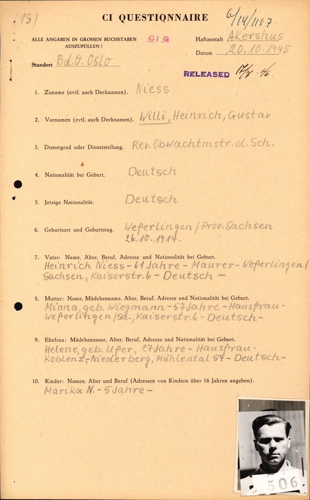 Forsvaret, Forsvarets overkommando II, AV/RA-RAFA-3915/D/Db/L0024: CI Questionaires. Tyske okkupasjonsstyrker i Norge. Tyskere., 1945-1946, p. 174