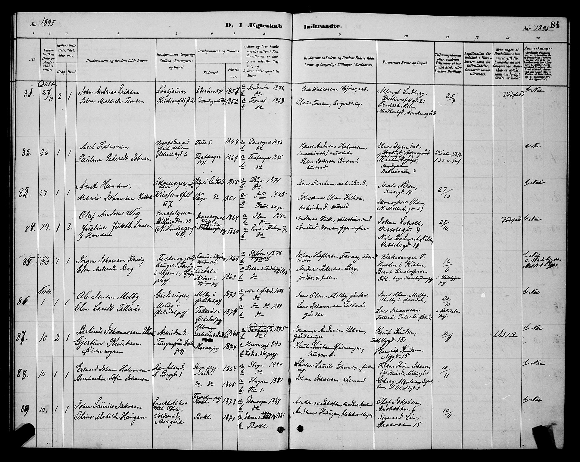 Ministerialprotokoller, klokkerbøker og fødselsregistre - Sør-Trøndelag, AV/SAT-A-1456/604/L0223: Parish register (copy) no. 604C06, 1886-1897, p. 84