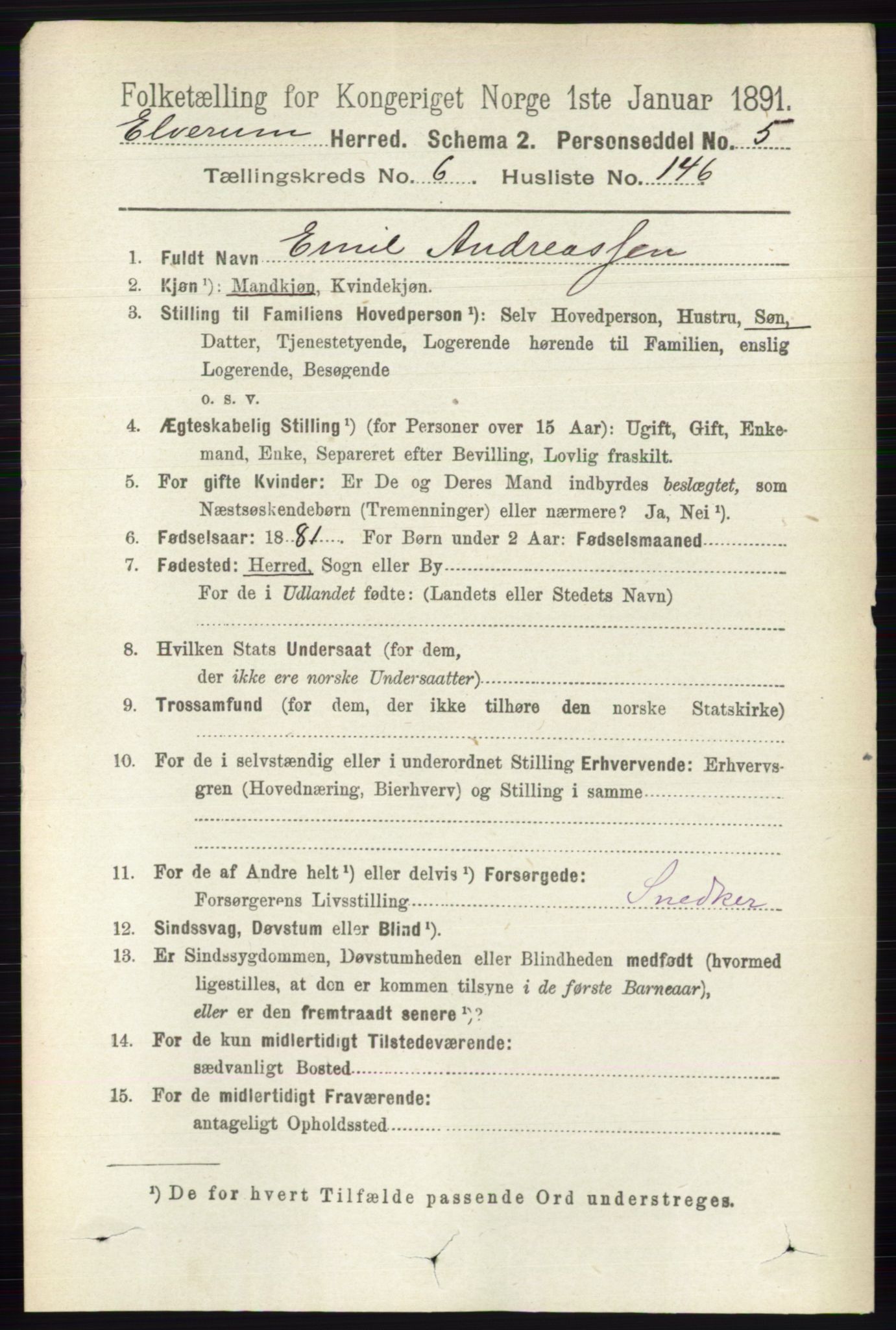 RA, 1891 census for 0427 Elverum, 1891, p. 5209