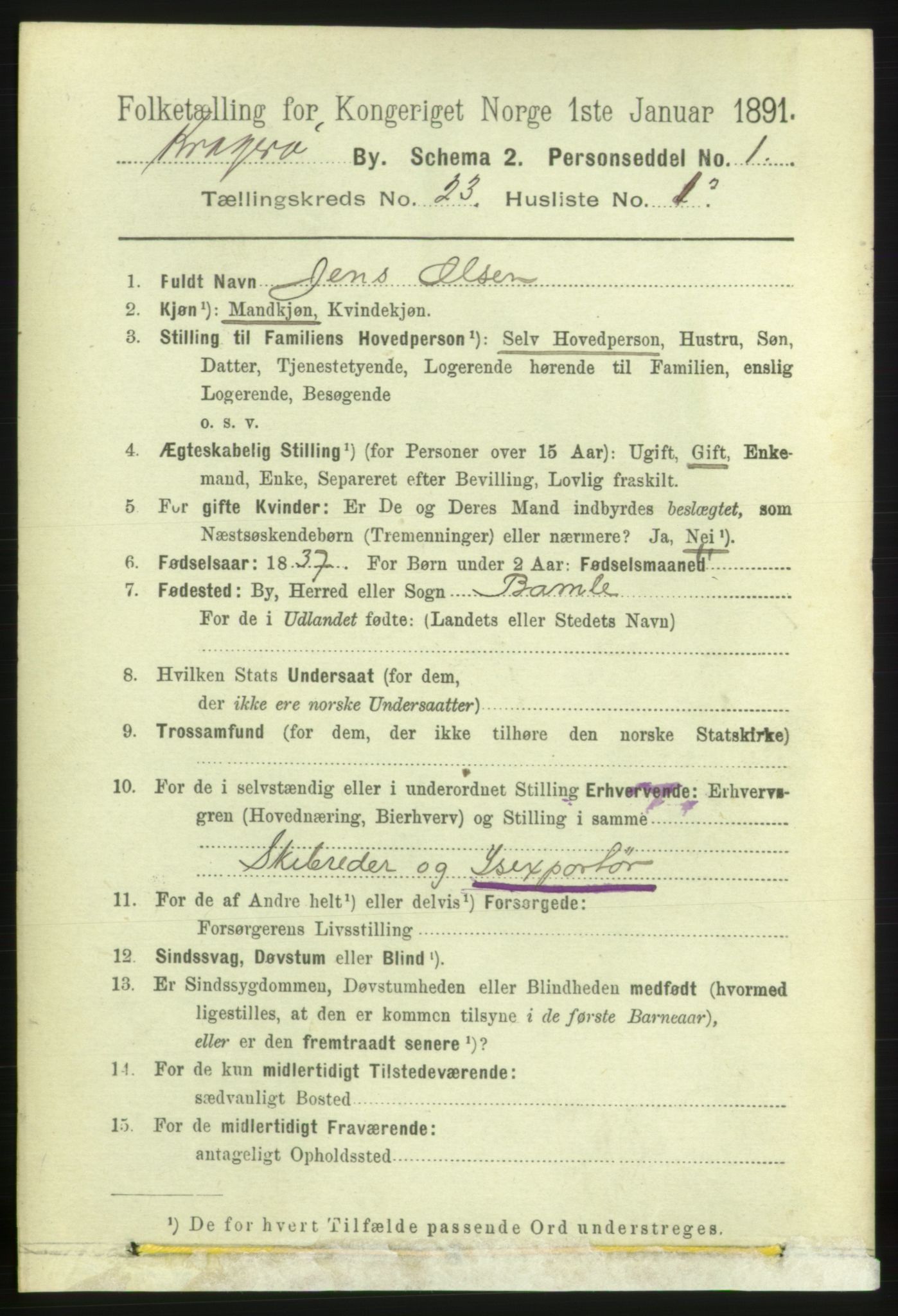 RA, 1891 census for 0801 Kragerø, 1891, p. 4878