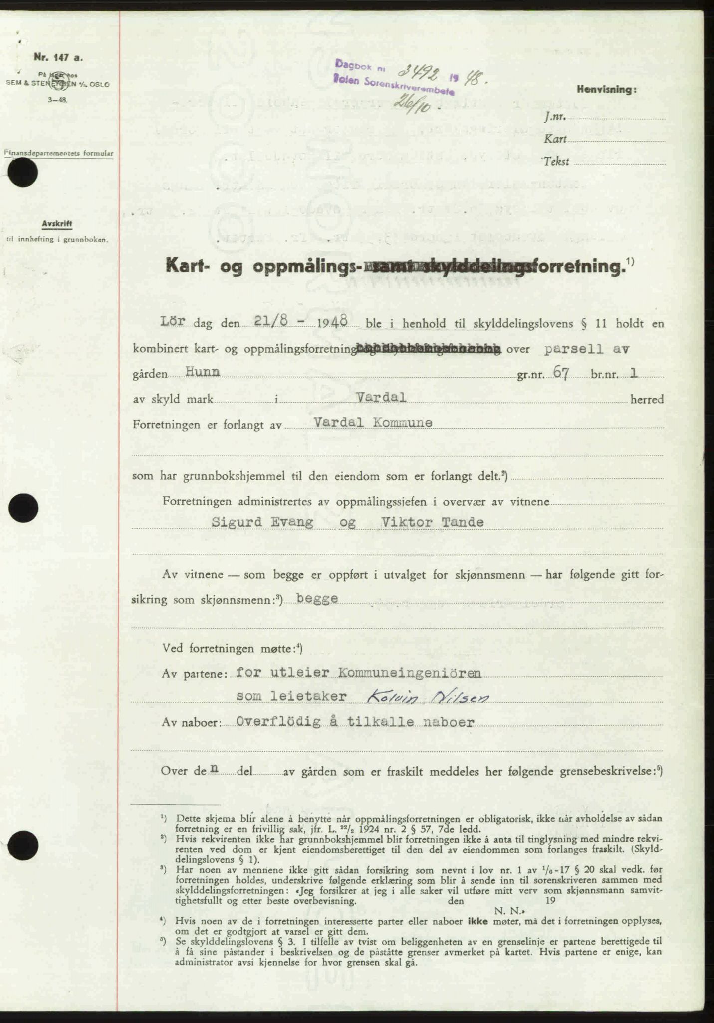 Toten tingrett, SAH/TING-006/H/Hb/Hbc/L0020: Mortgage book no. Hbc-20, 1948-1948, Diary no: : 3492/1948