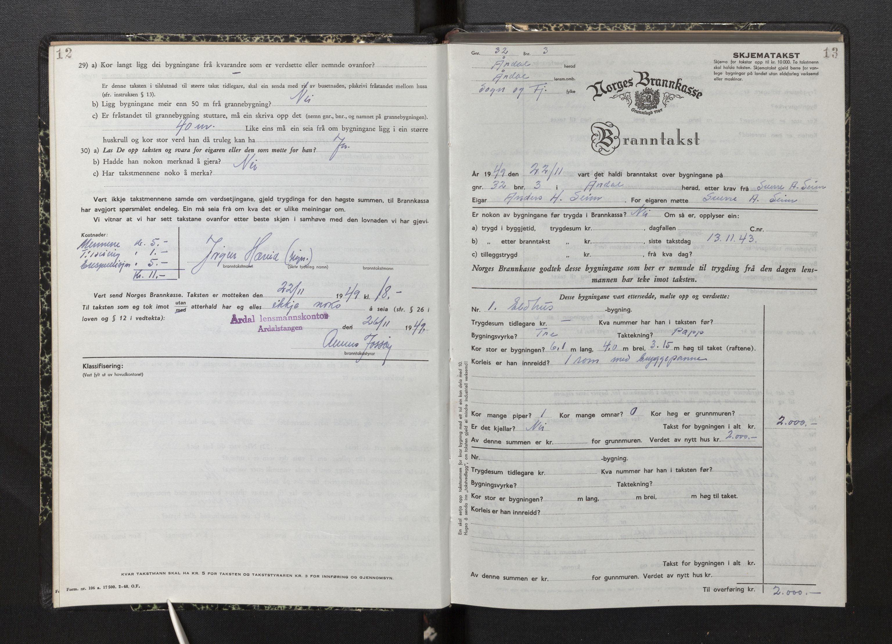 Lensmannen i Årdal, AV/SAB-A-30501/0012/L0012: Branntakstprotokoll, skjematakst, 1949-1955, p. 12-13