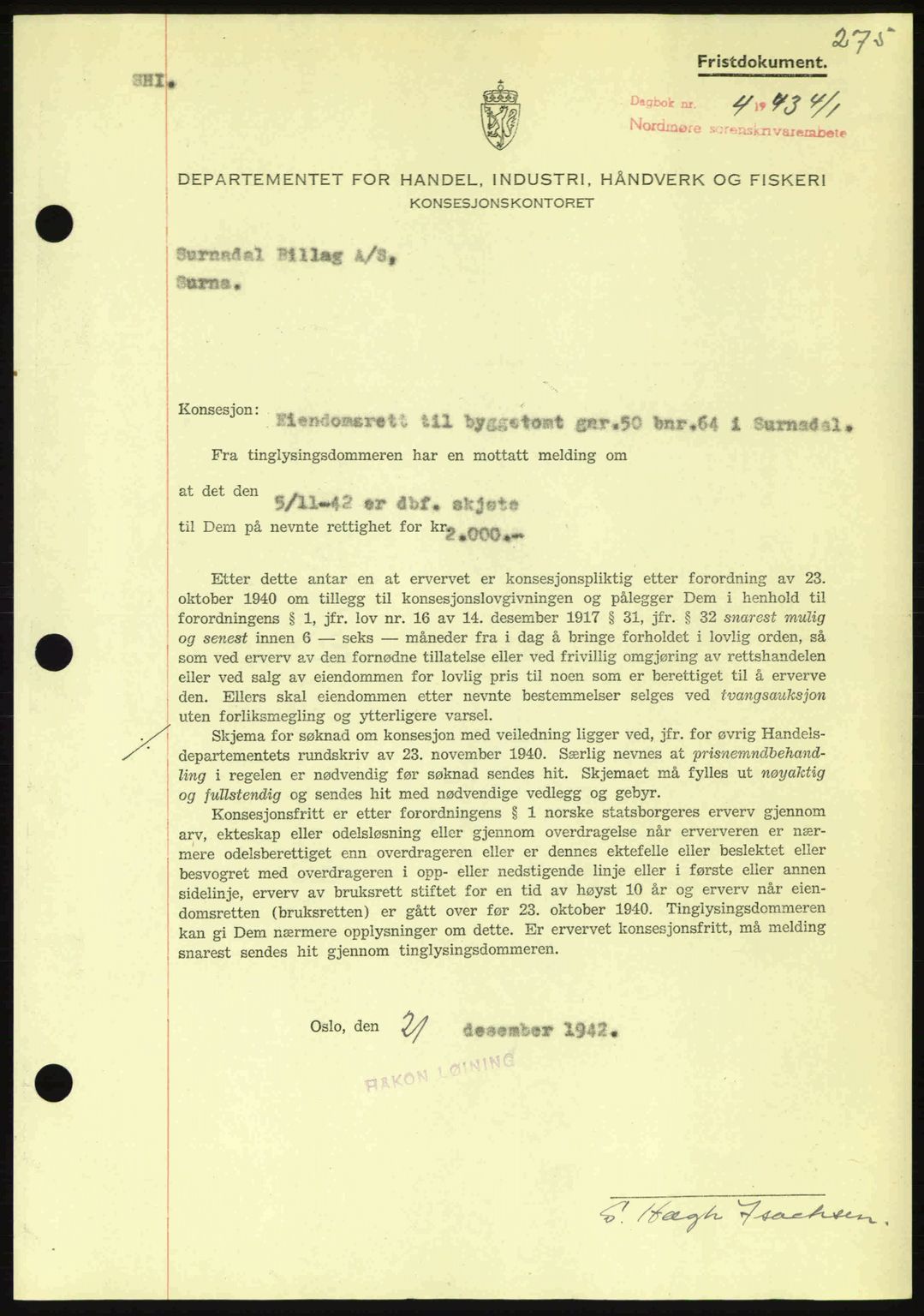 Nordmøre sorenskriveri, AV/SAT-A-4132/1/2/2Ca: Mortgage book no. B90, 1942-1943, Diary no: : 4/1943