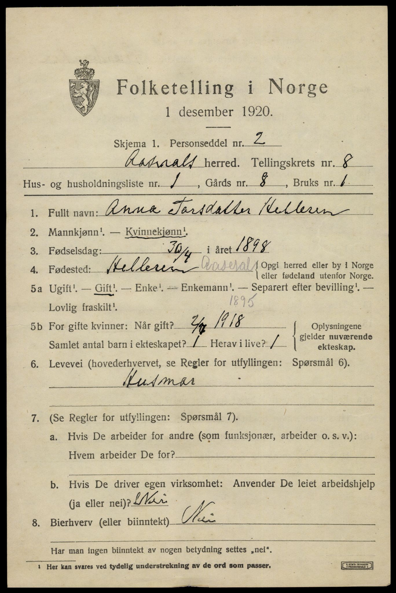 SAK, 1920 census for Åseral, 1920, p. 2442