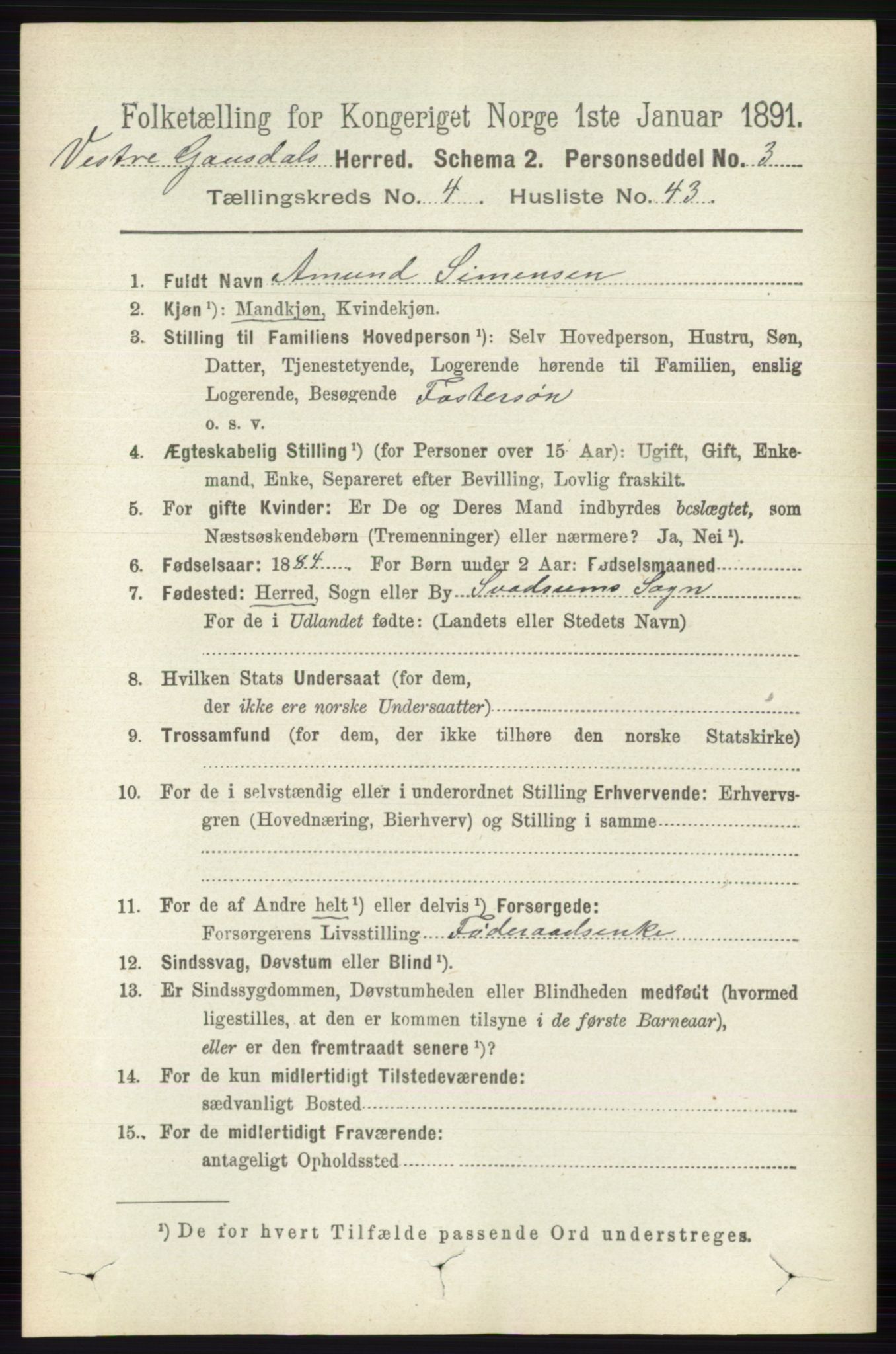 RA, 1891 census for 0523 Vestre Gausdal, 1891, p. 1952