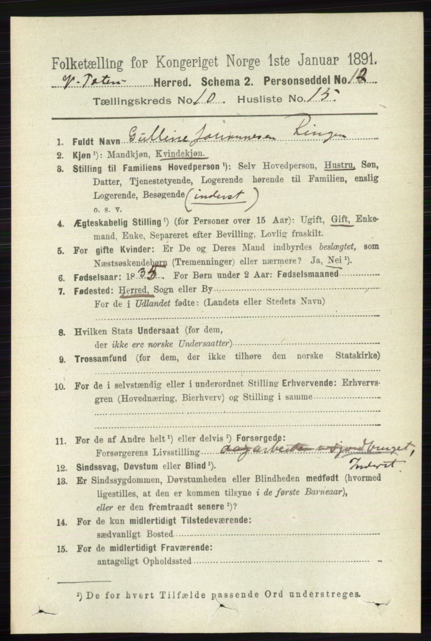 RA, 1891 census for 0529 Vestre Toten, 1891, p. 6273